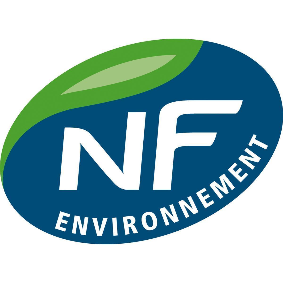Logo NF Environnement: NF bianco su ovale blu con forma di foglia verde.