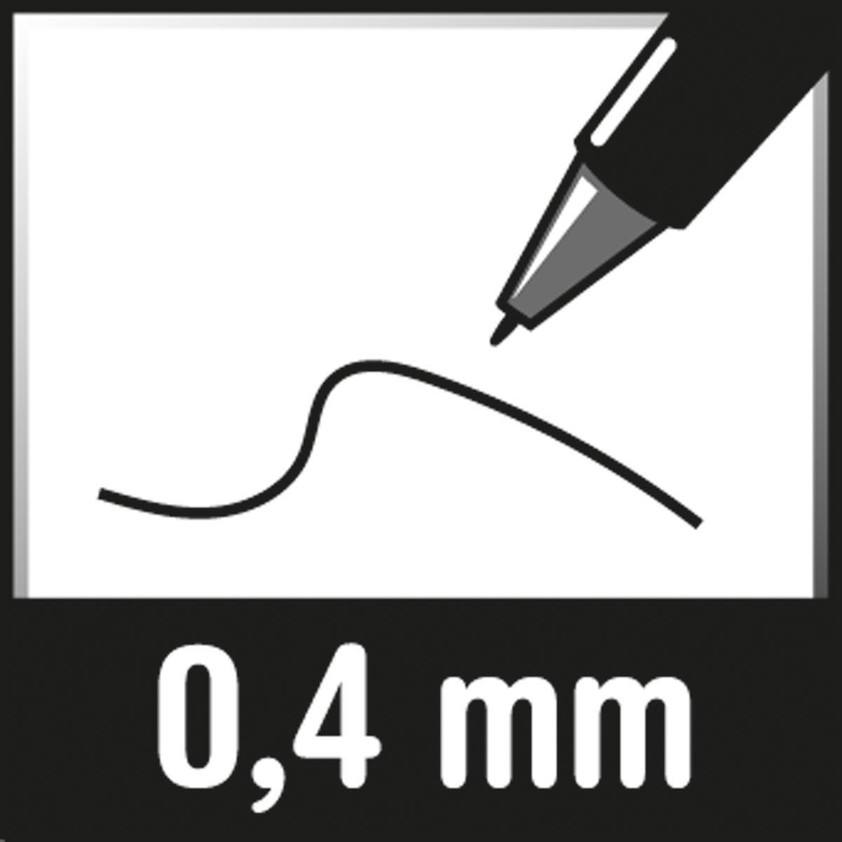 Una penna nera traccia una linea sottile su sfondo bianco. Sotto c'è scritto 0,4 mm.