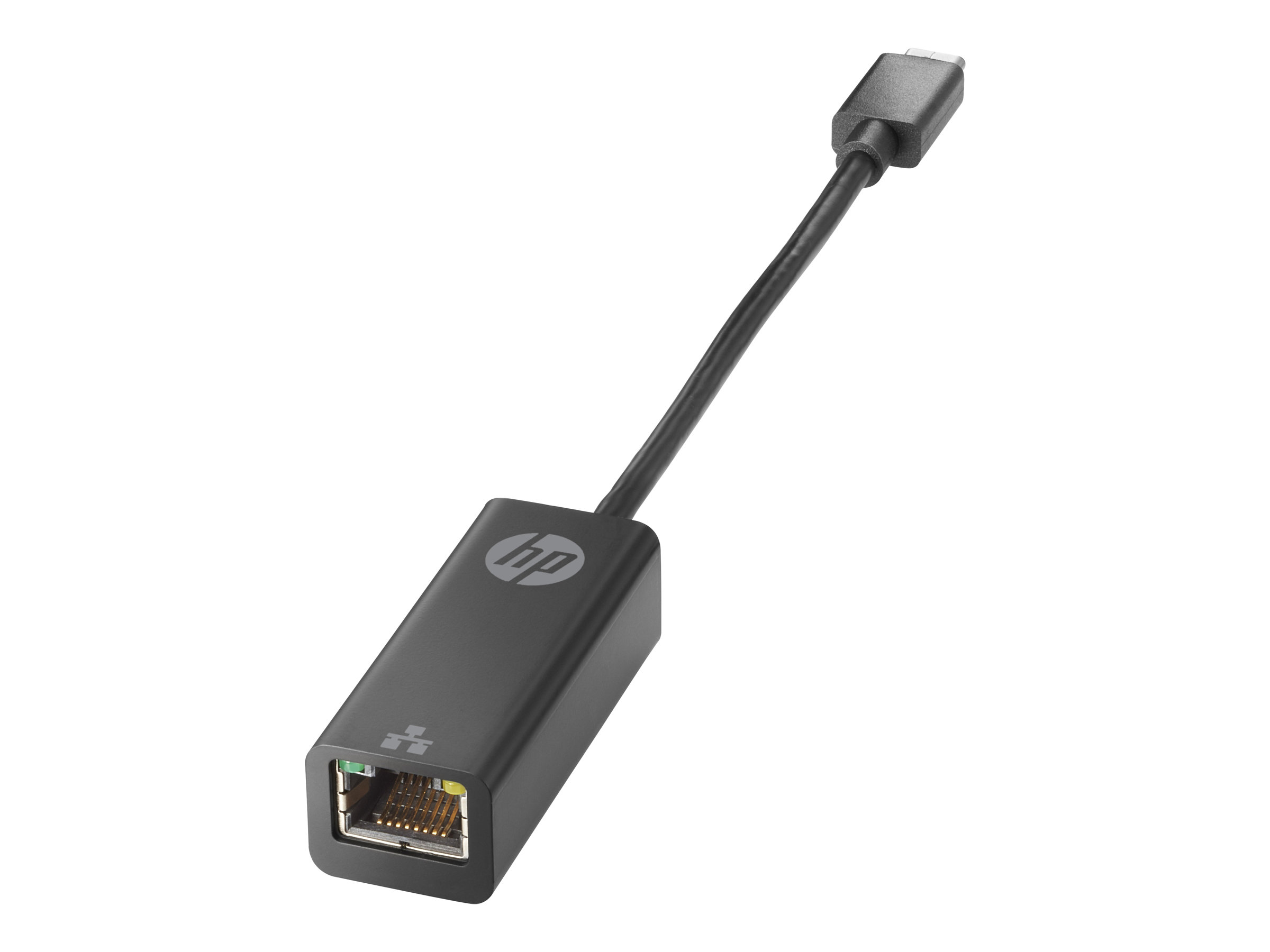 Un adattatore HP USB-C a Ethernet nero con porta RJ45.