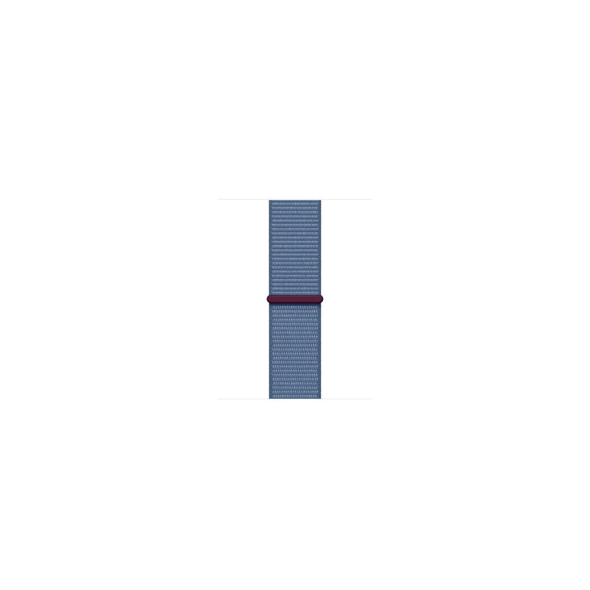 Blue fabric watch strap with a dark ring in the middle.