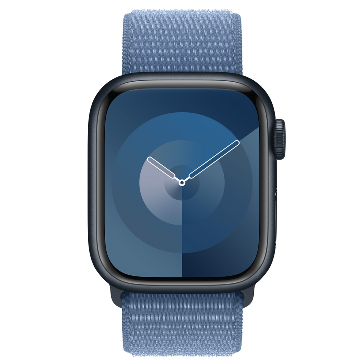 A dark grey Apple Watch with a blue woven band displays a blue circular watch face.