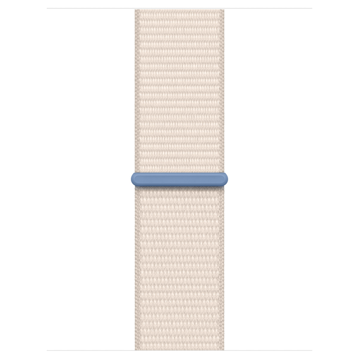 A light beige woven watch band with a blue loop in the middle.