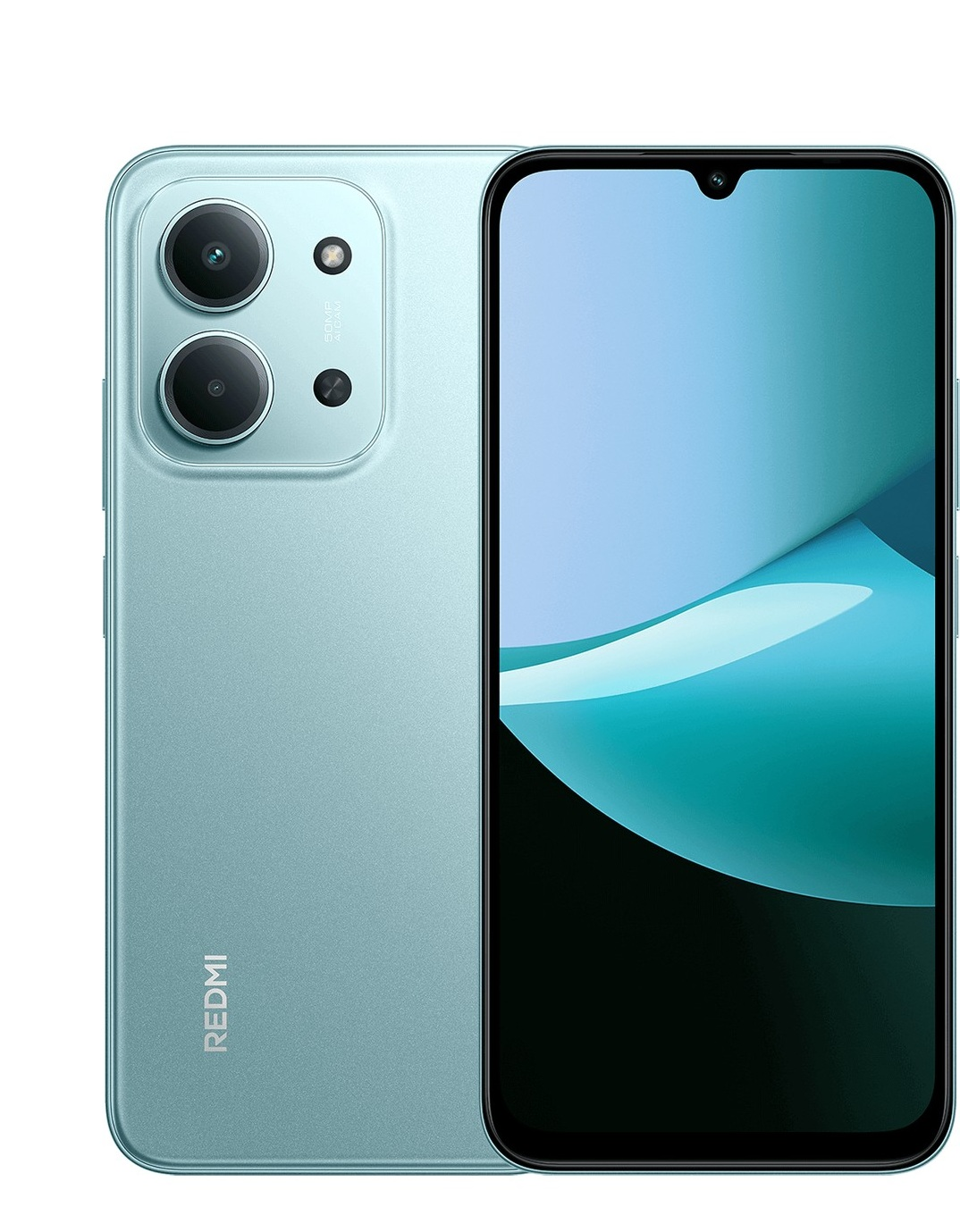 Açık mavi bir Redmi akıllı telefon gösteriliyor. Arka kısımda çift kamera kurulumu ve Redmi logosu var.