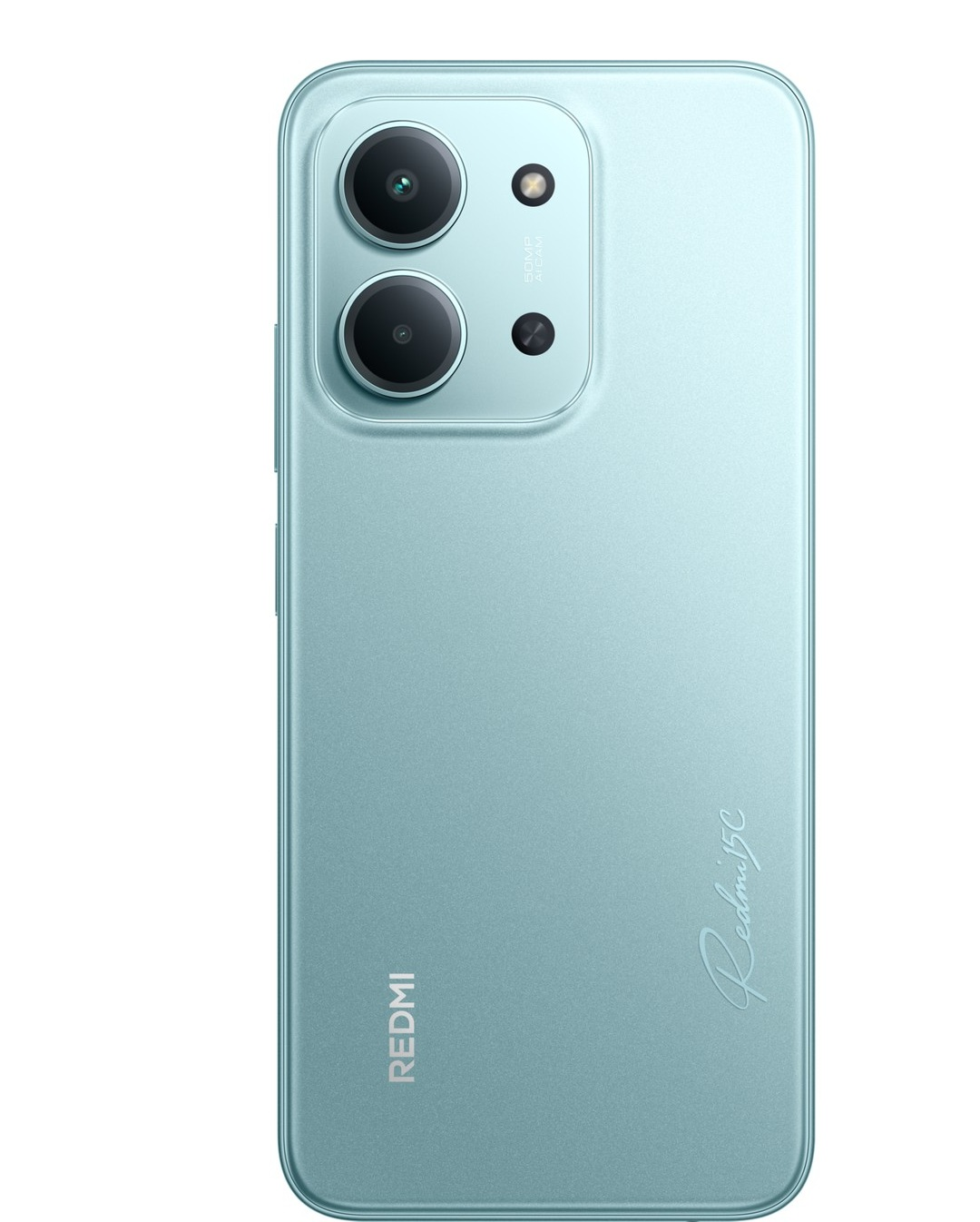 Çift kameralı açık mavi akıllı telefonun arkası, Redmi logosu ve 'redmi 15c' yazısı.