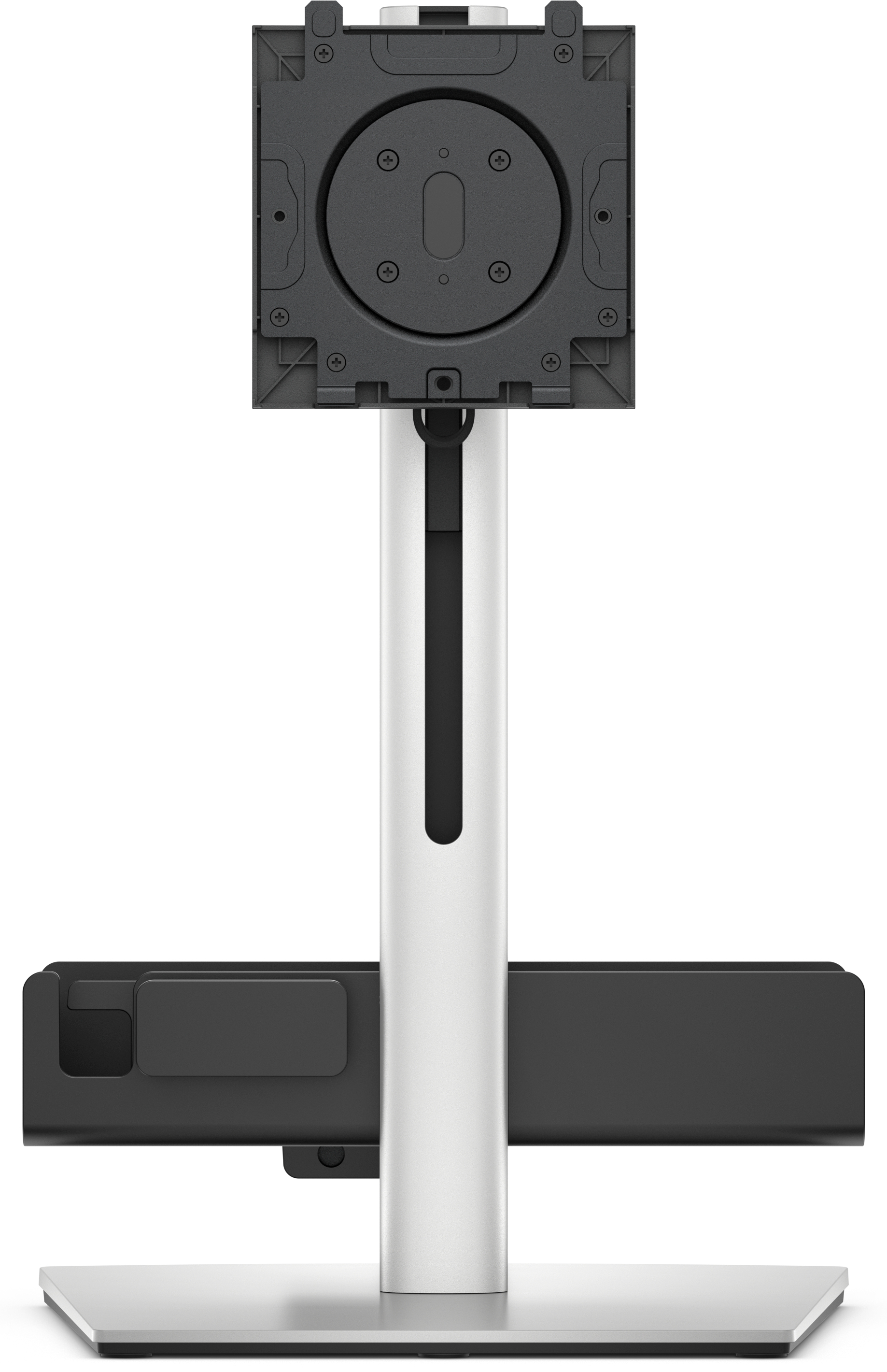 Een zwarte monitorstandaard met een zilveren voet en verstelbare arm.