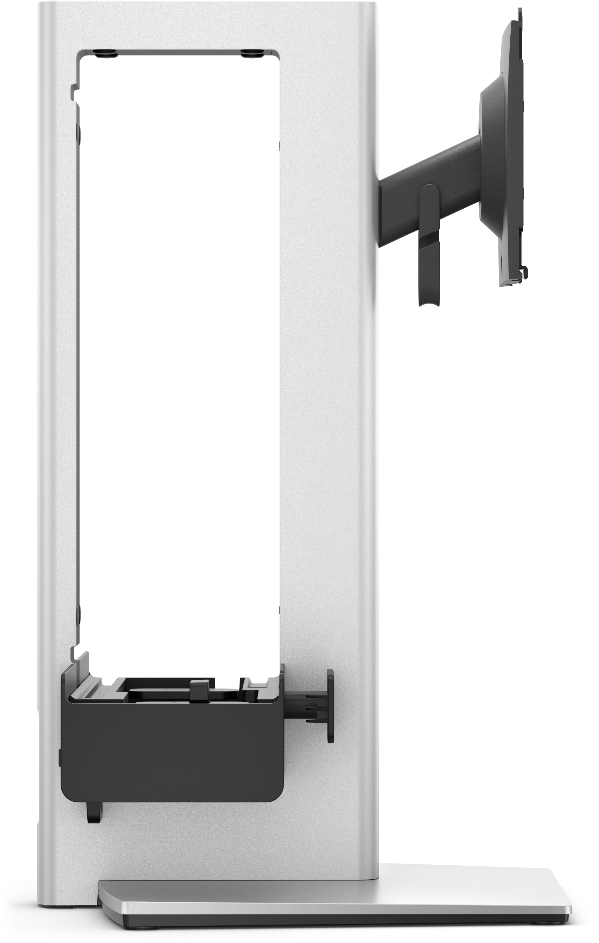 Een zilveren standaard met zwarte arm en houder voor een monitor.