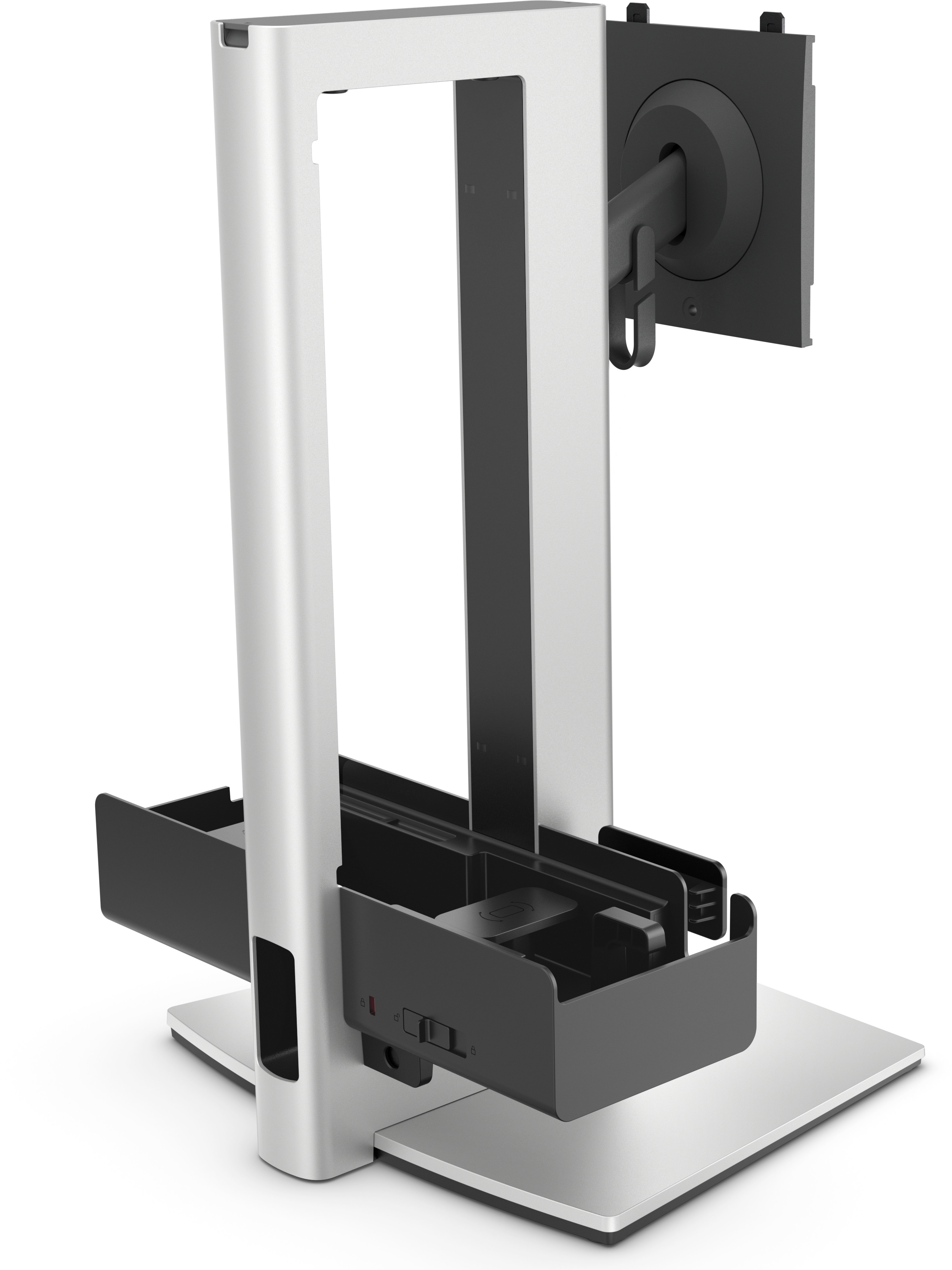 Een zilveren standaard met zwarte opberglades en een monitorarm.