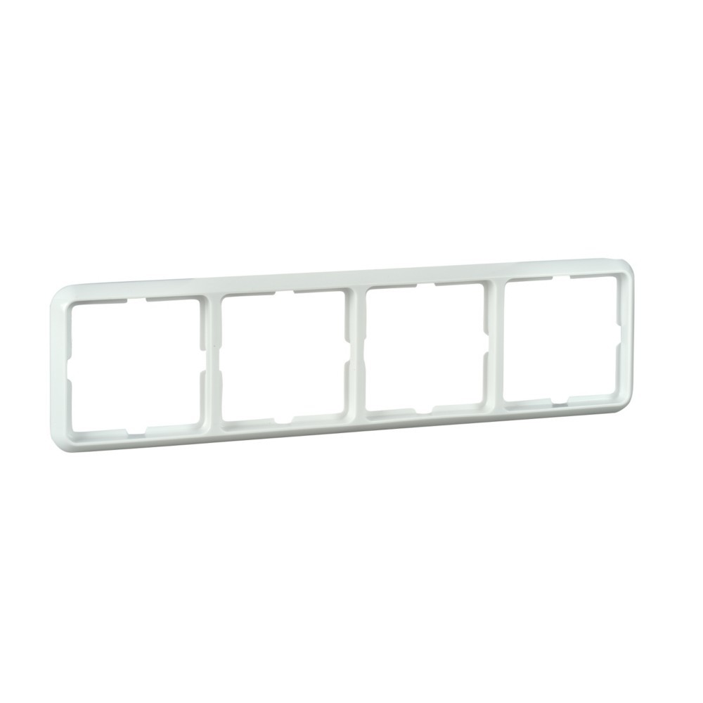 Una cornice bianca con quattro aperture quadrate per prese elettriche.