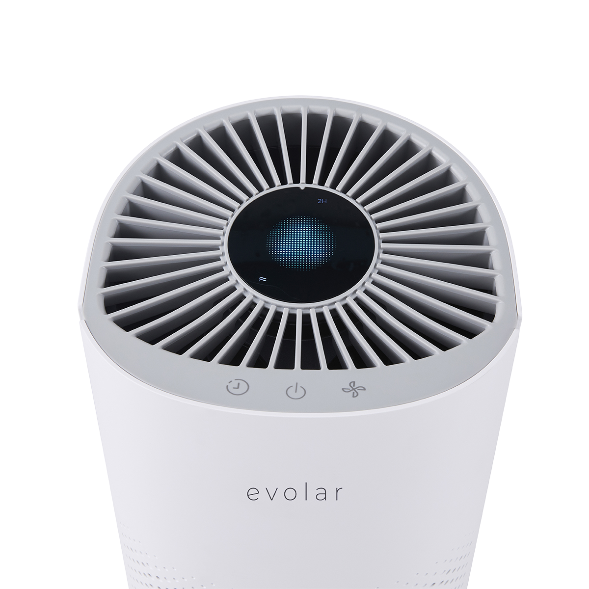 White air purifier with gray top vents and a blue digital display. Has control buttons.