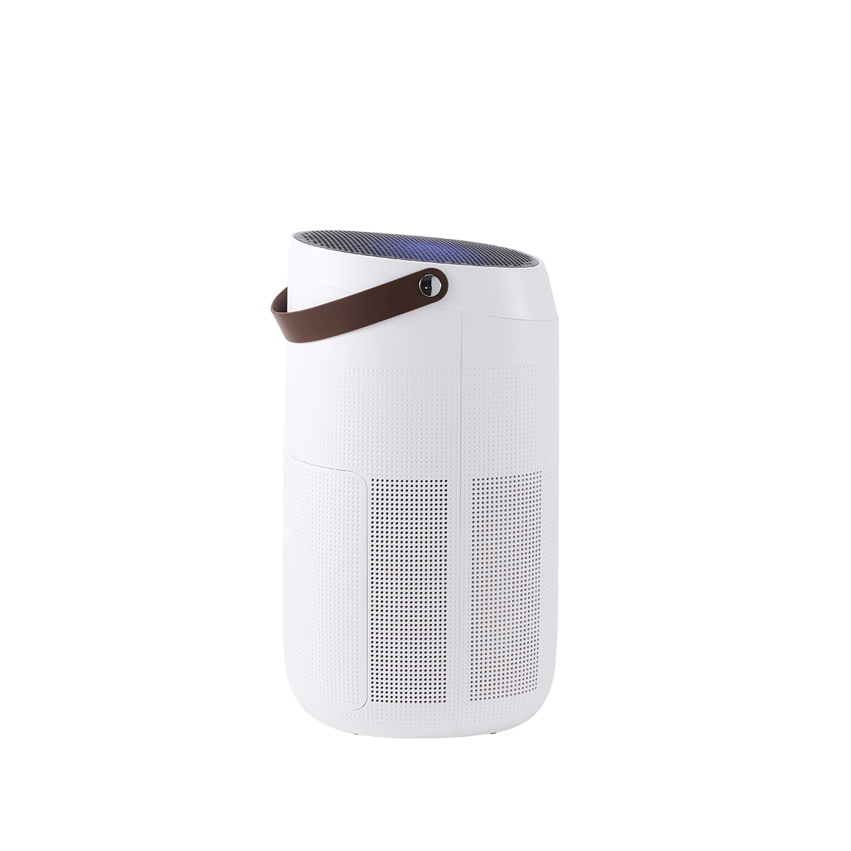 A white air purifier with a brown handle and blue LED lights at the top.
