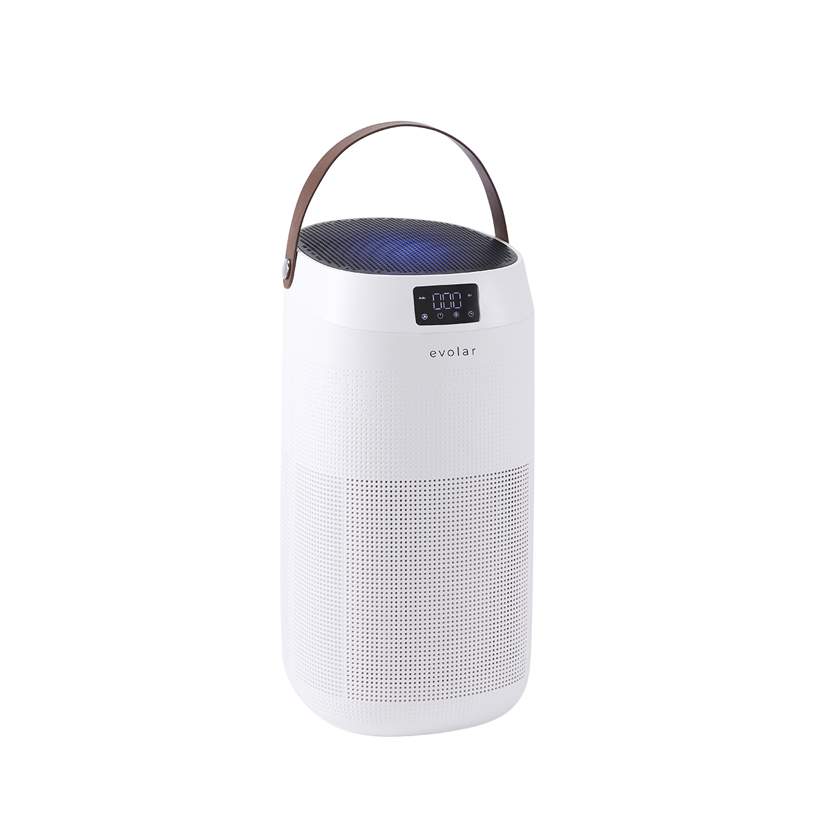 A white air purifier with a digital display and a brown leather handle sits on a white background.