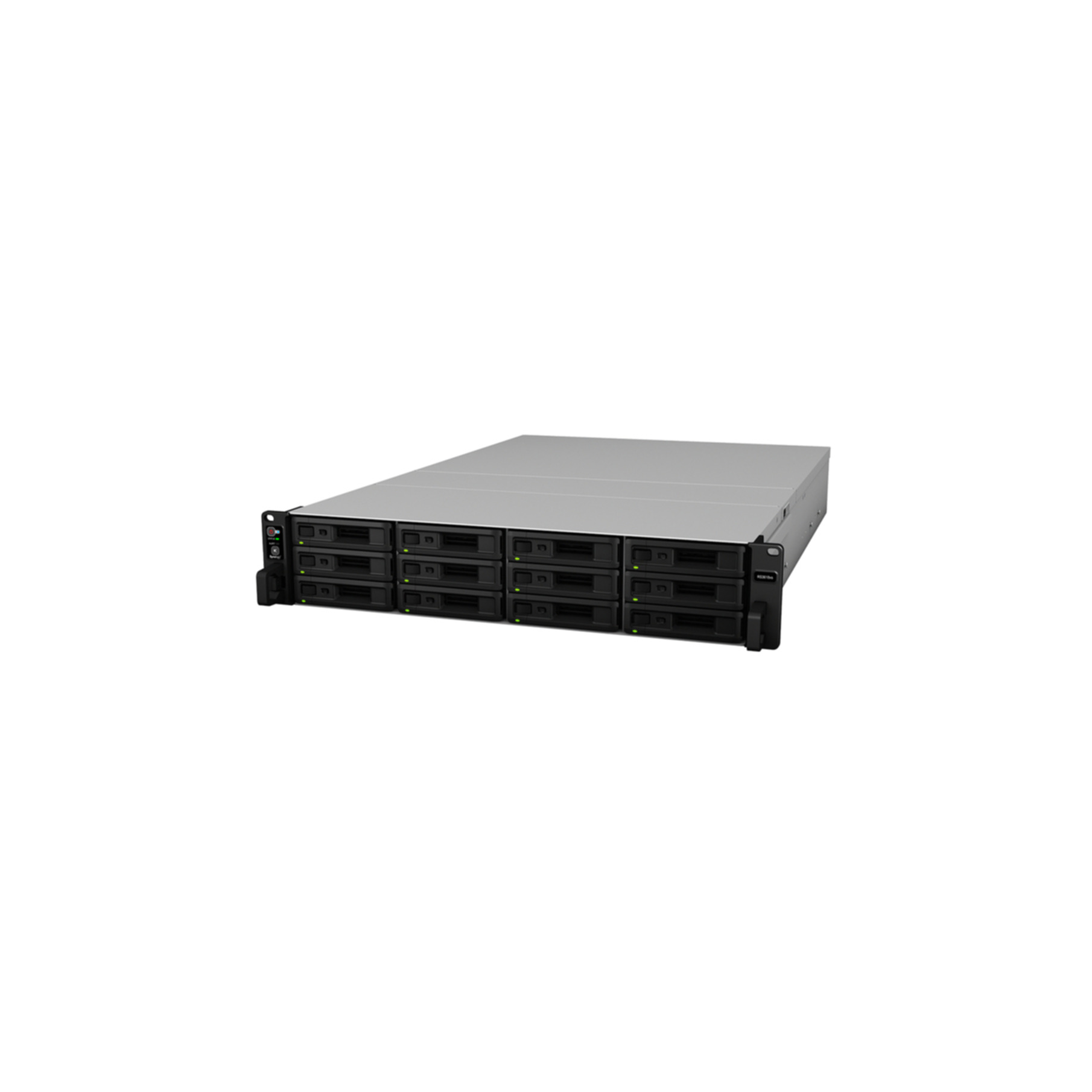 Un serveur montage en rack noir et argent avec 12 baies de lecteur remplaçables à chaud.