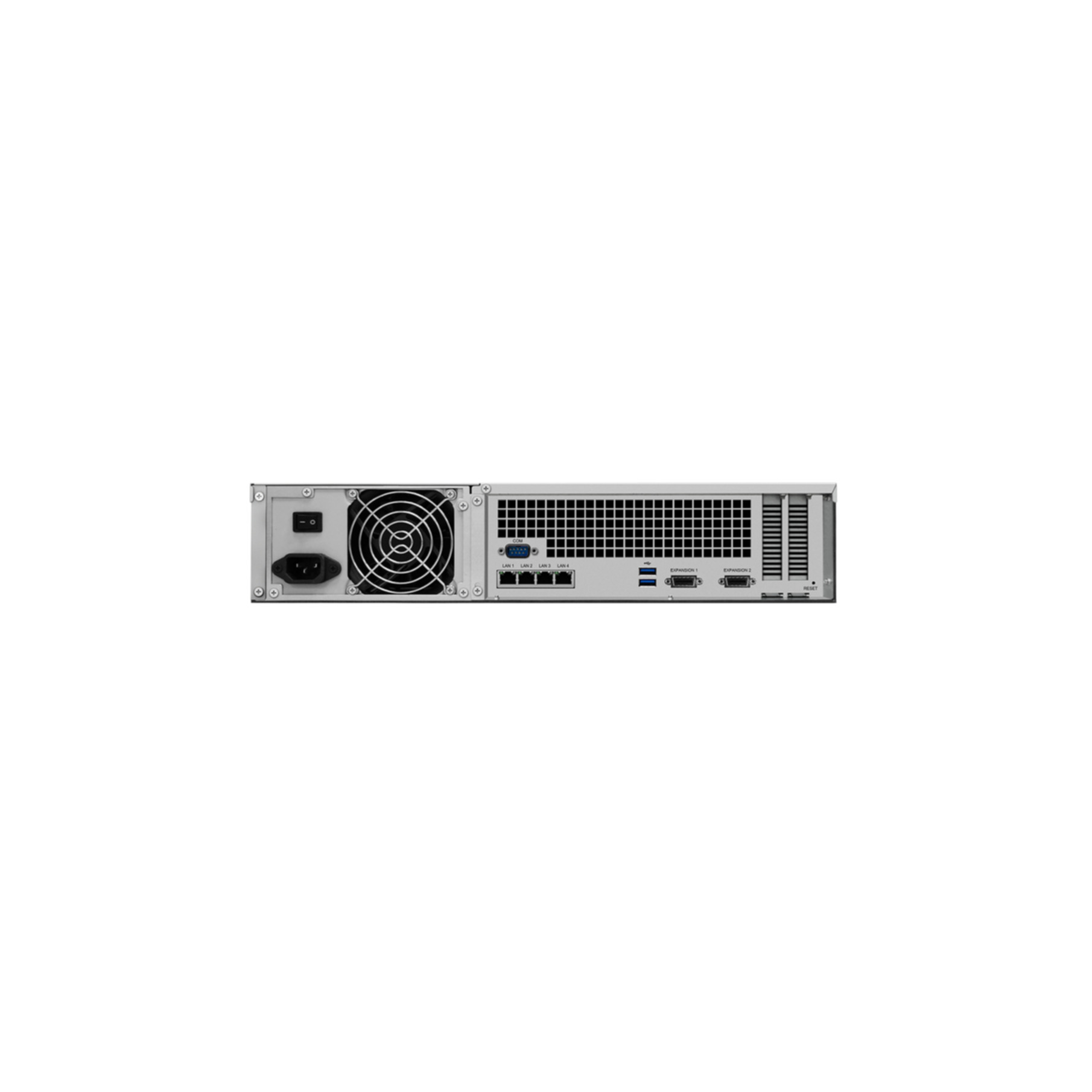 Panneau arrière d'un serveur : alimentation, ventilateur, 4 ports LAN, 2 ports USB, 2 ports d'extension.