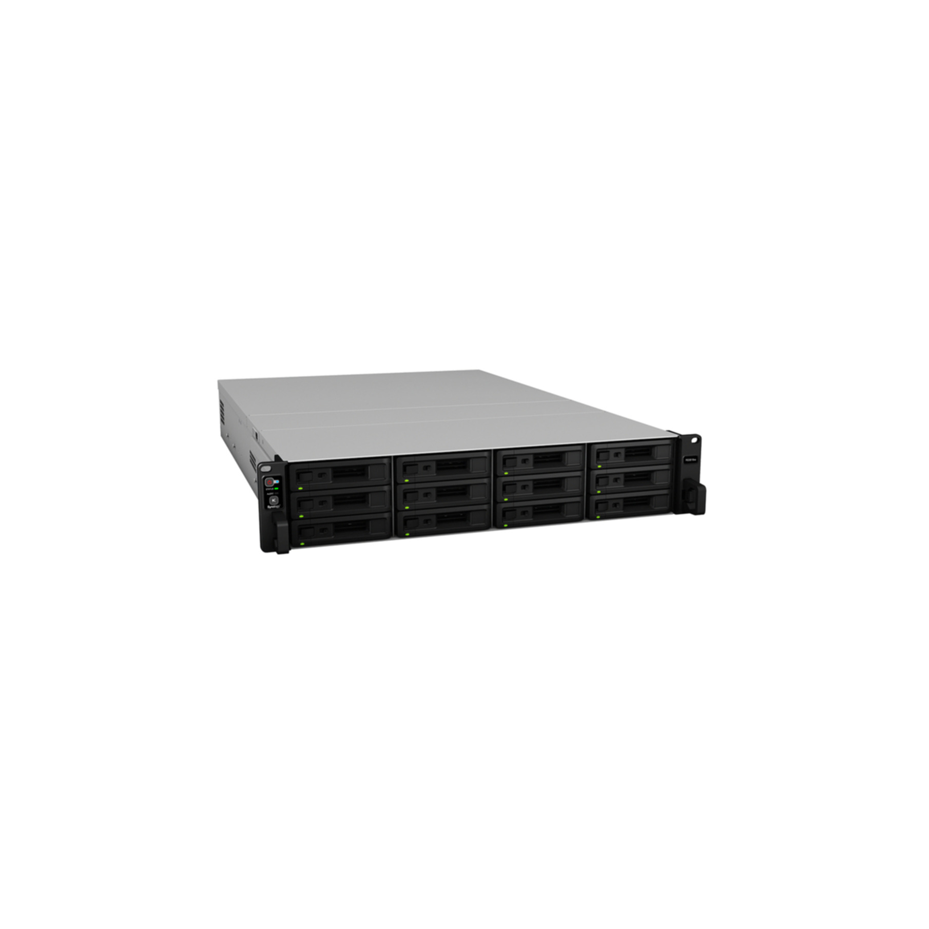 Un rack de serveur argenté avec 12 baies et indicateurs LED verts.