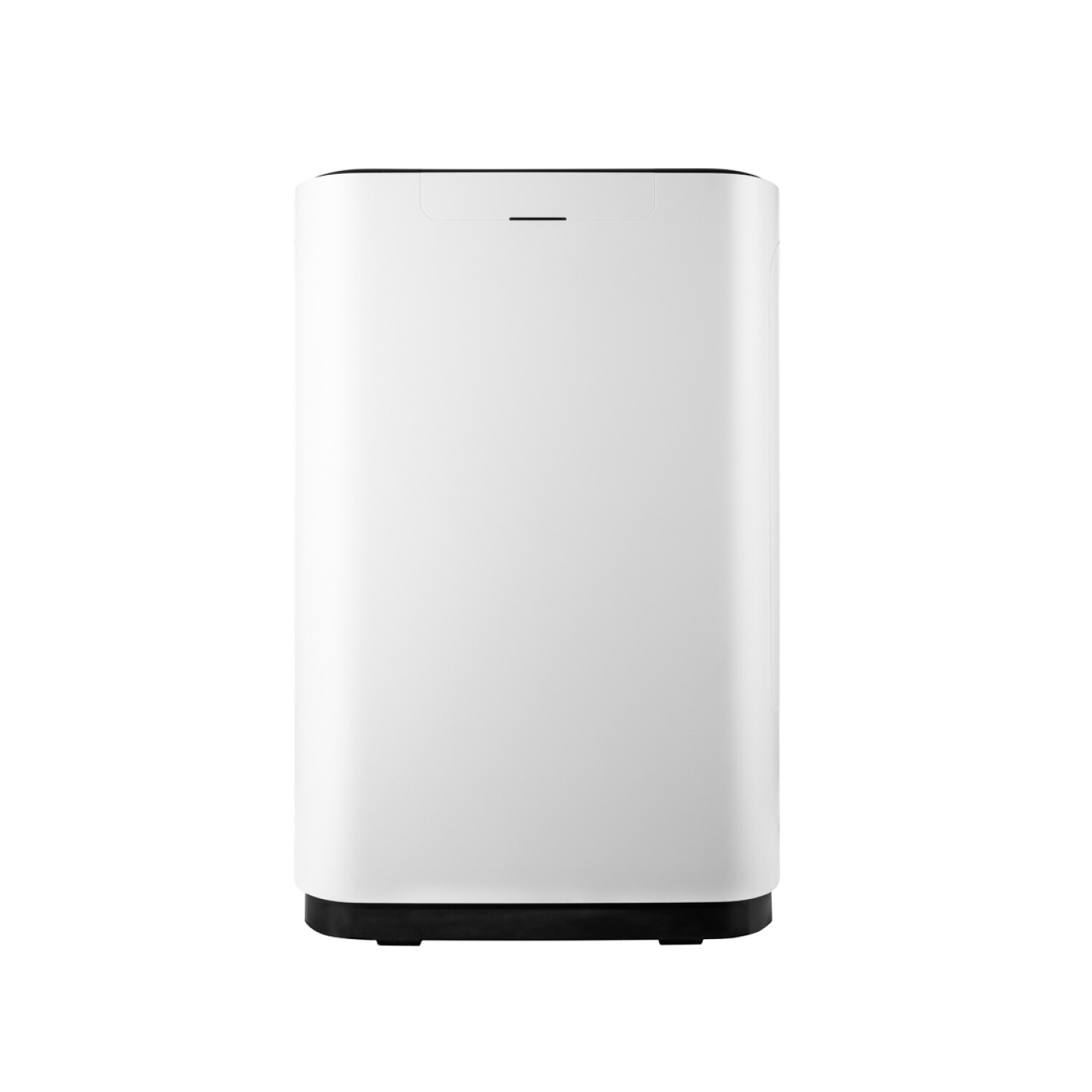 Un purificatore d'aria alto e bianco rettangolare con base nera e una sottile linea nera in alto.
