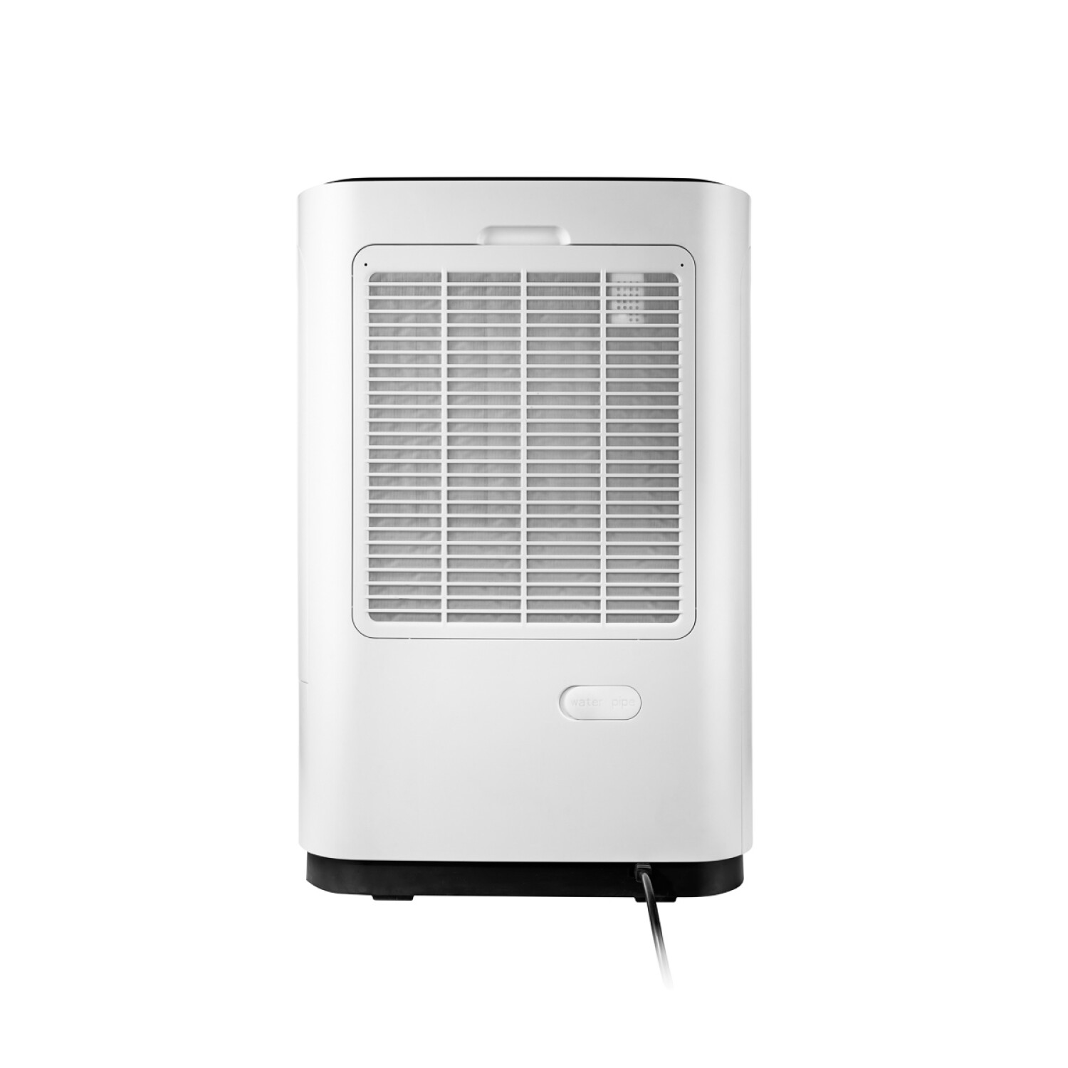 Un condizionatore d'aria bianco con griglia di ventilazione e attacco tubo acqua.