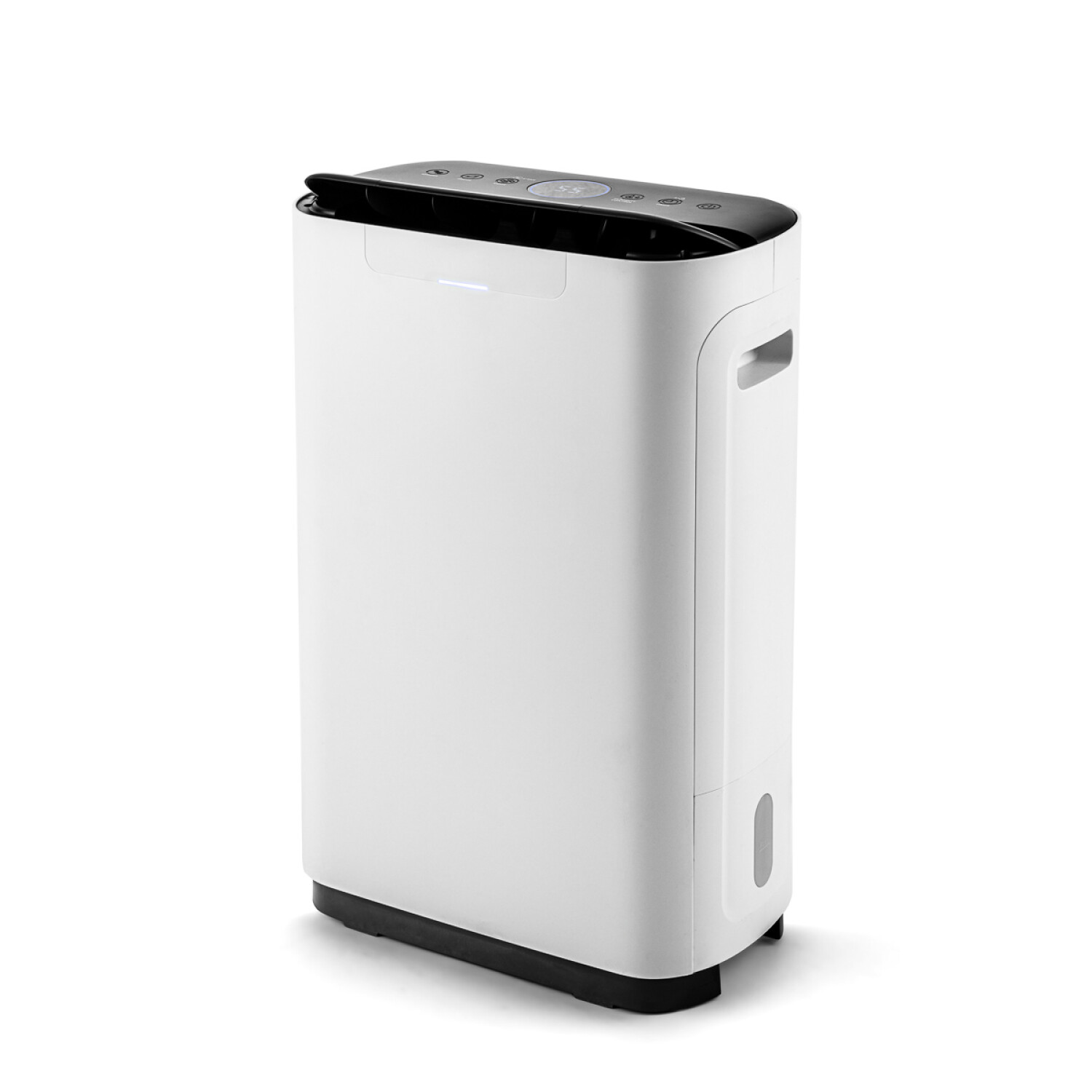 Un deumidificatore bianco con parte superiore e pannello di controllo neri, su sfondo bianco.