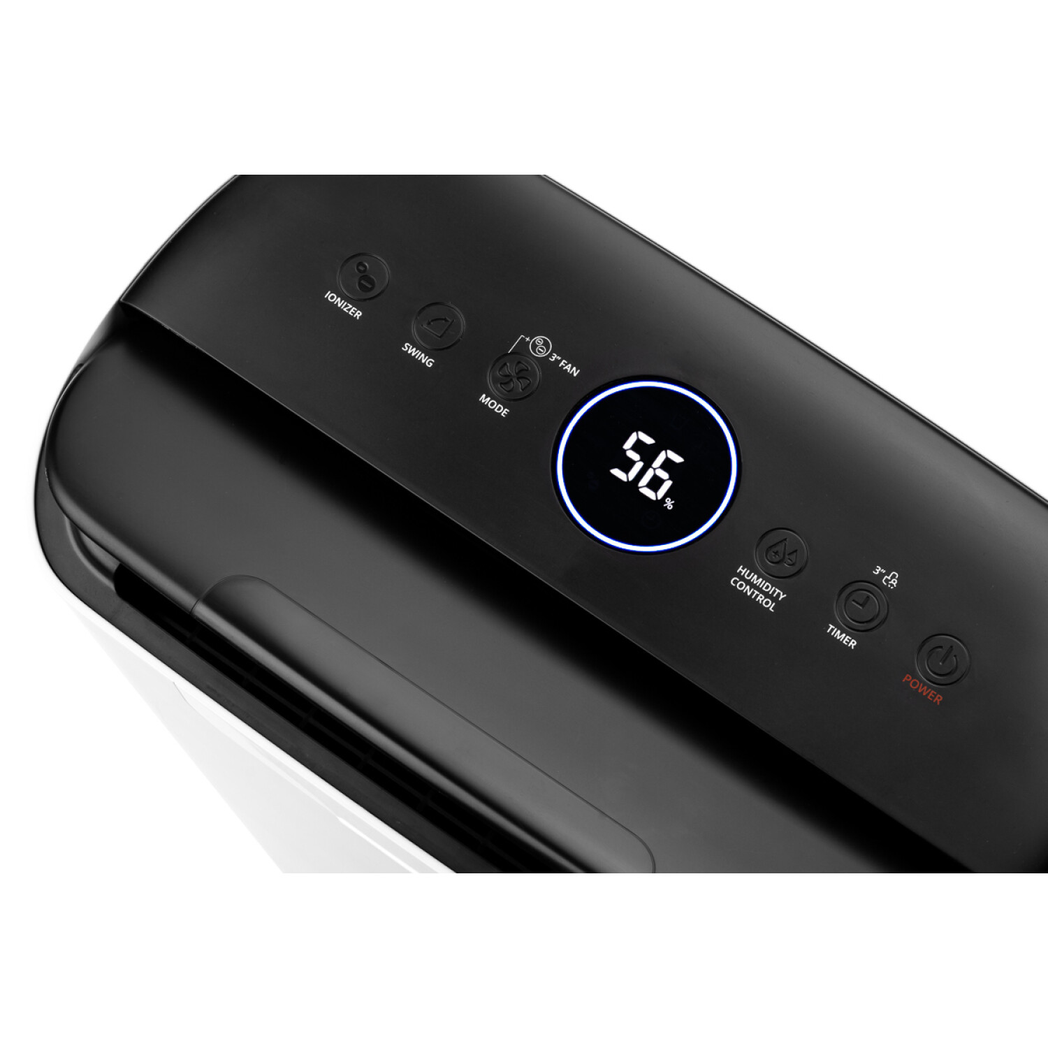Pannello di controllo nero del purificatore d'aria con display digitale che mostra il 56% di umidità.