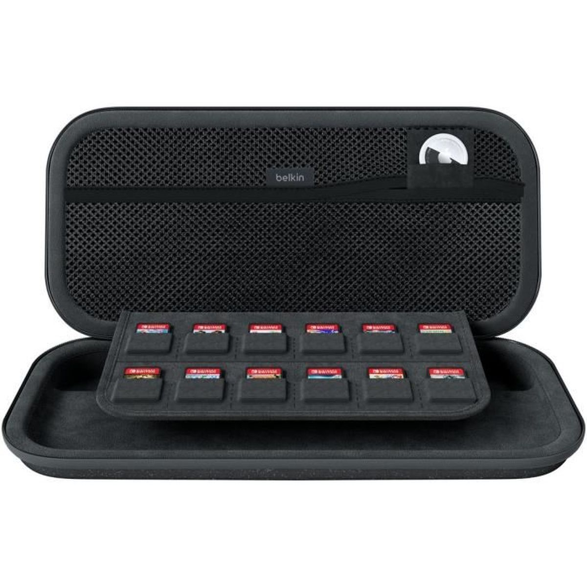 Custodia nera aperta con 12 cartucce di gioco negli slot. Logo Belkin sul coperchio interno.