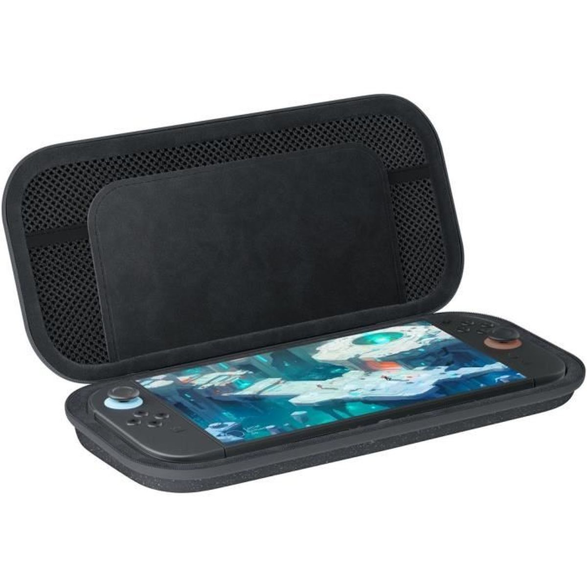 Una custodia nera per console di gioco portatile è aperta, mostrando un dispositivo di gioco portatile all'interno.
