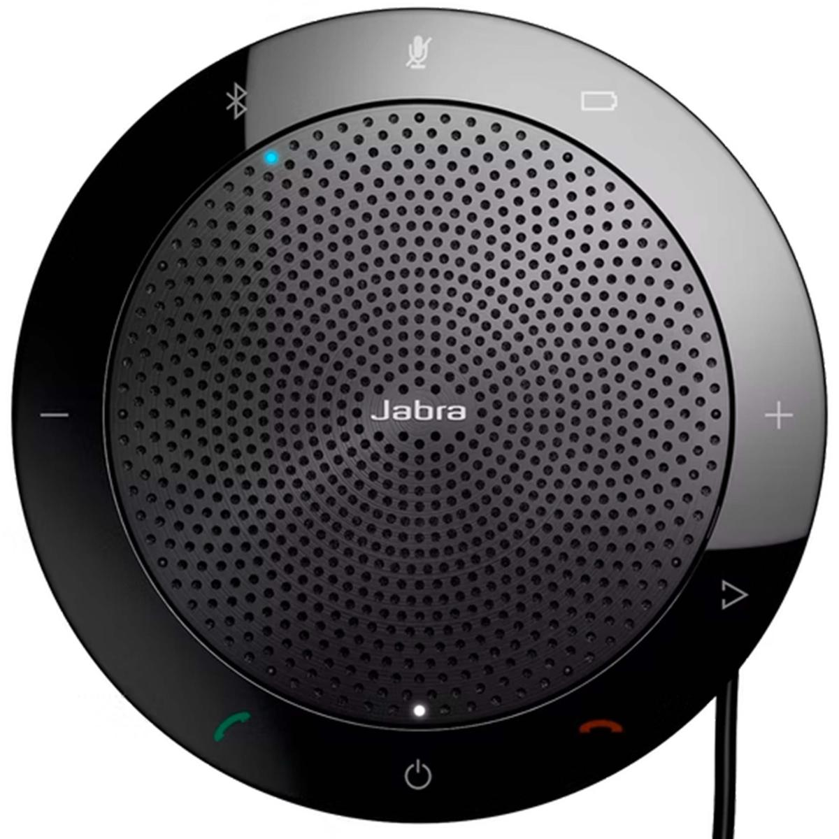 Altoparlante Jabra nero con microfono e controlli volume.