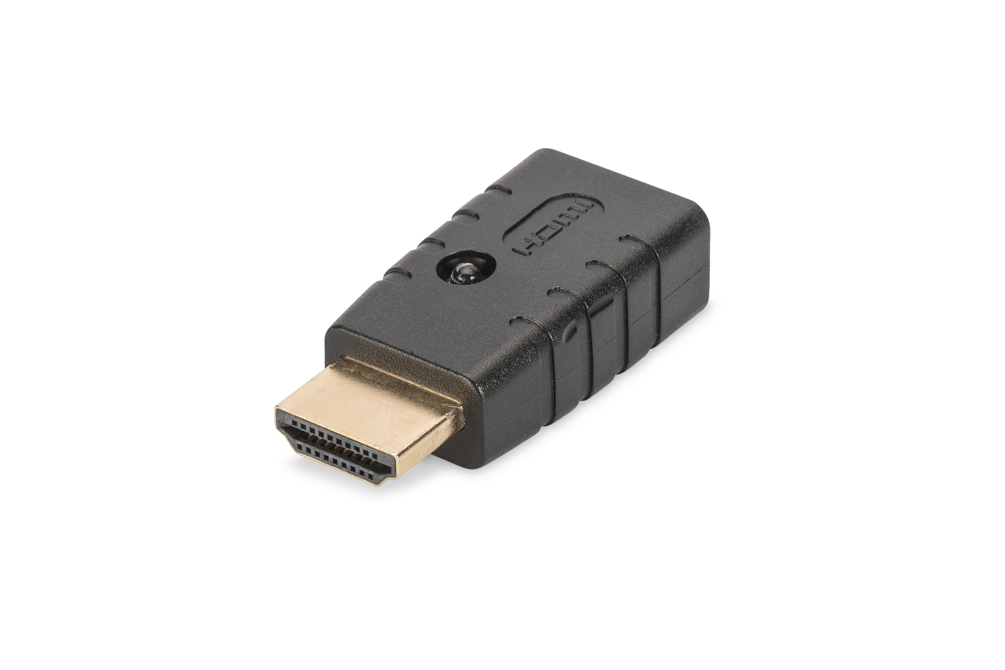 Schwarzer HDMI-Adapter mit vergoldetem Stecker auf weißem Hintergrund.