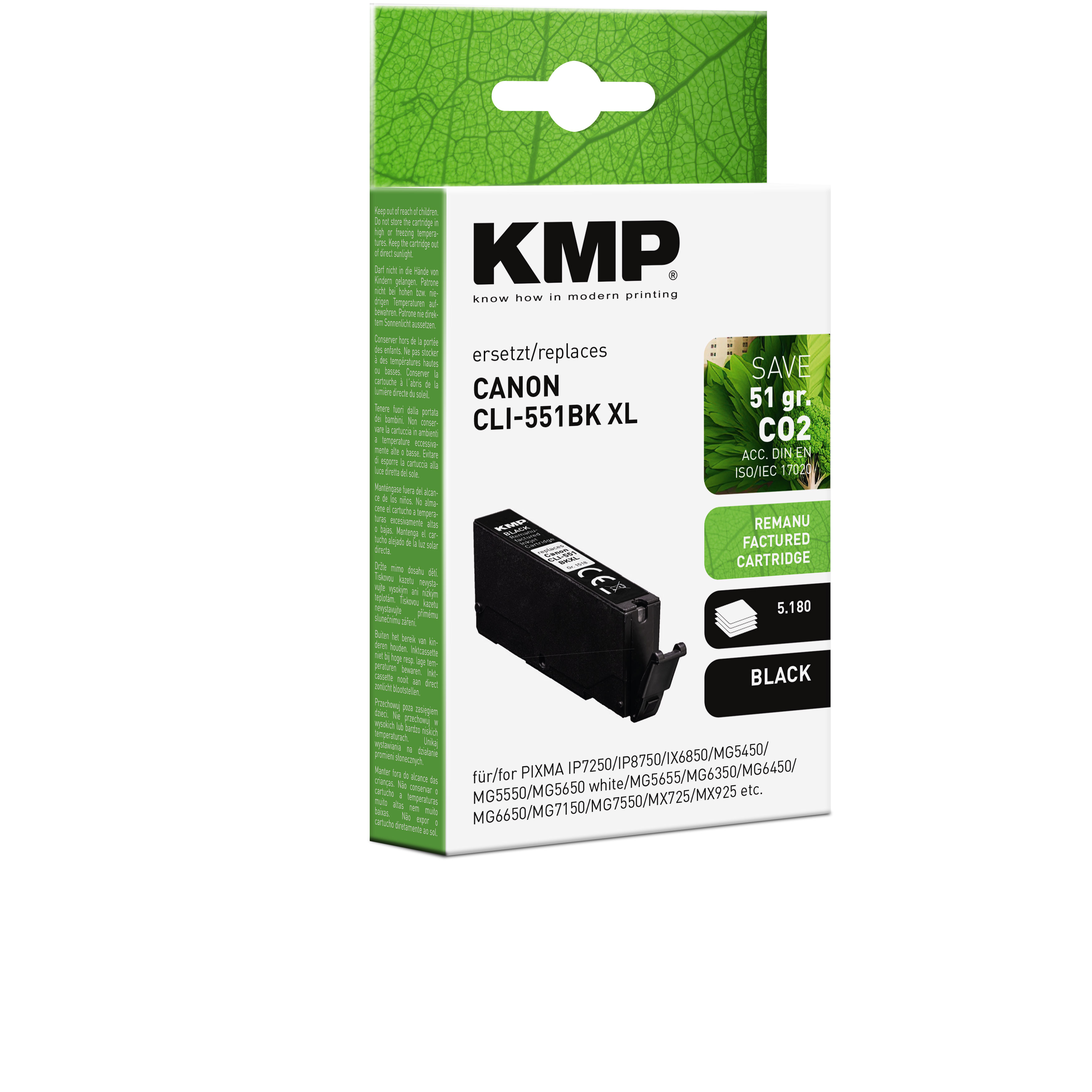 Cartuccia d'inchiostro KMP CLI-551BK XL per Canon, nero, 51g CO2 risparmiati.