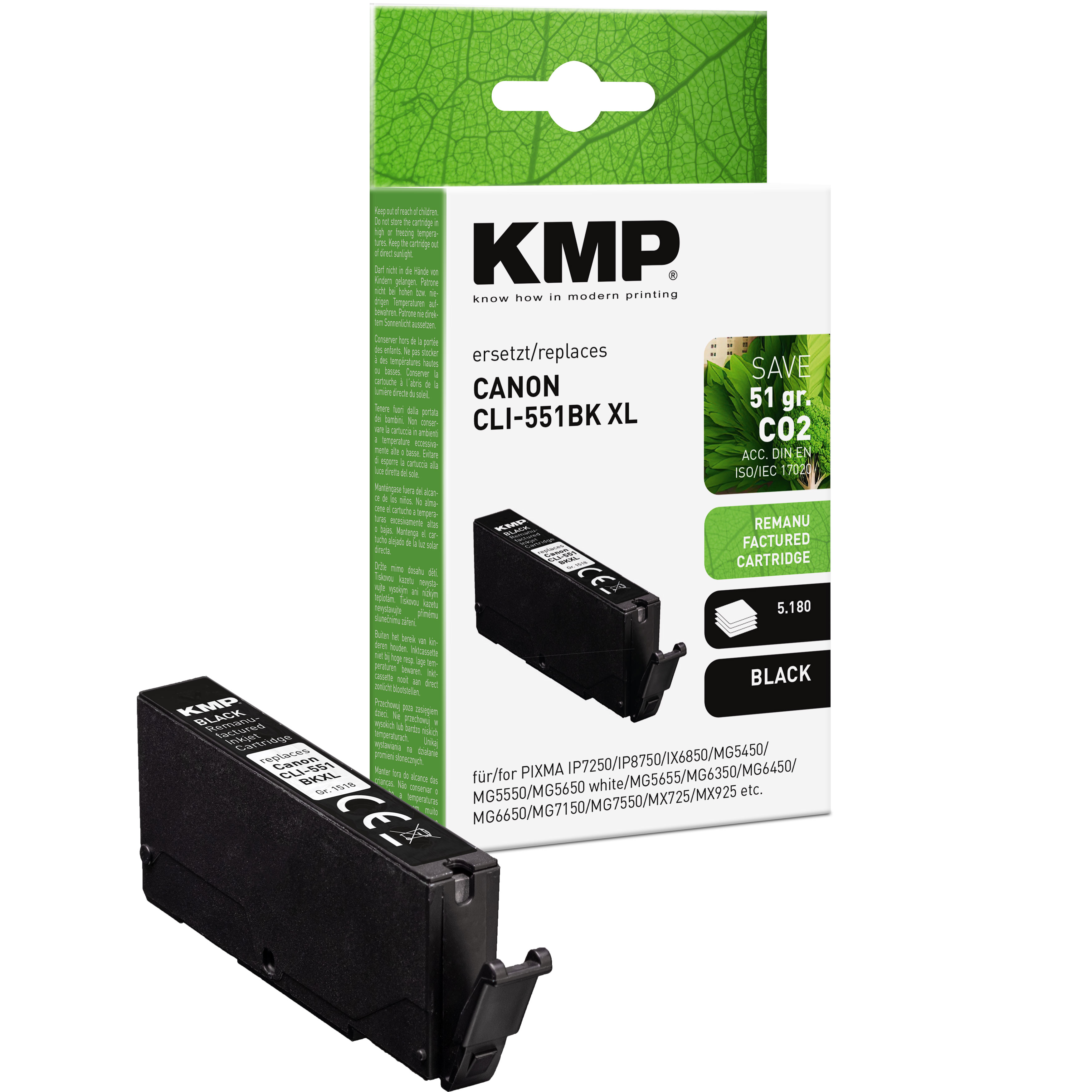 Cartuccia d'inchiostro nera rigenerata KMP CLI-551BK XL per Canon.