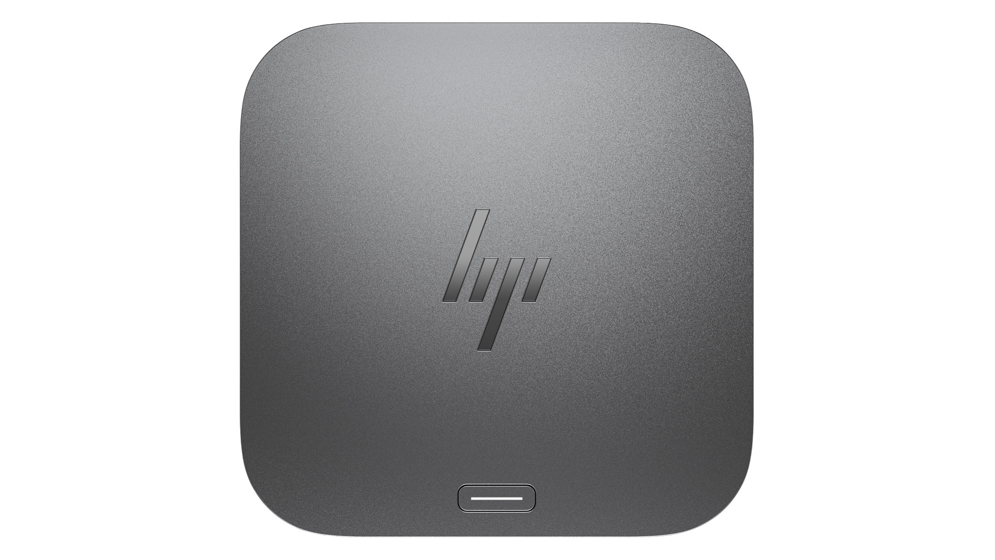 Docking station HP grigia con logo HP e porta USB-C su sfondo bianco.