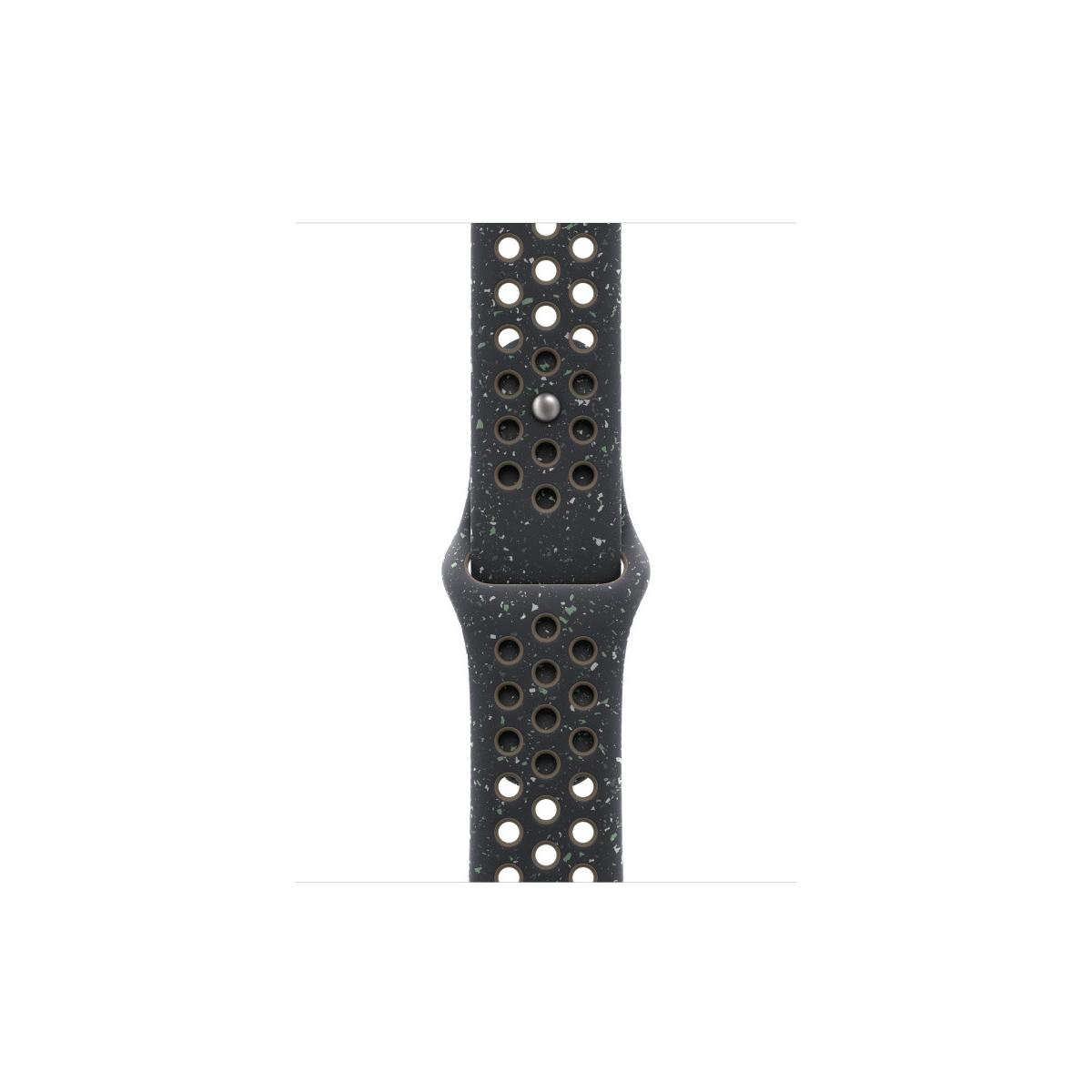 A dark, perforated watch band with light speckles and a small silver stud.