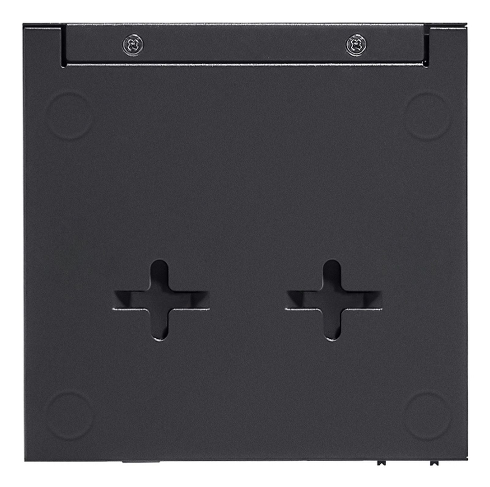 Plaque métallique noire avec deux découpes en forme de croix et quatre indentations circulaires.
