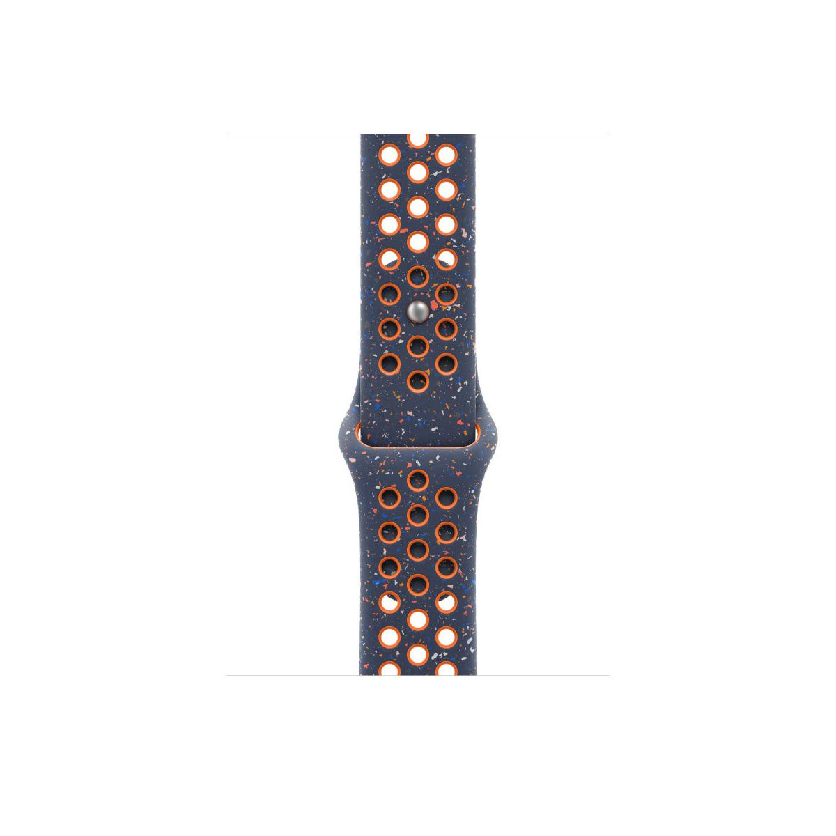 Dark blue watch band with orange edges and many small holes.