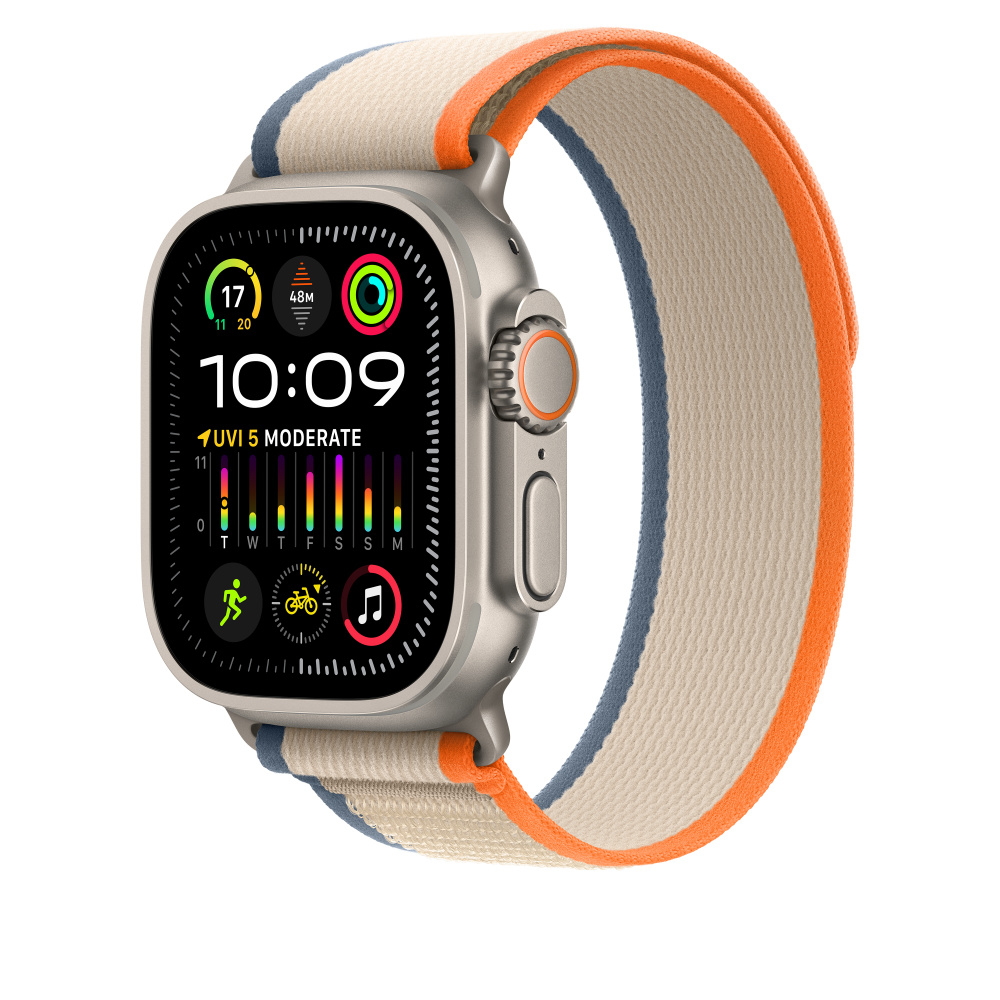 A silver smartwatch with a beige, blue, and orange fabric band displays 10:09 and activity data.