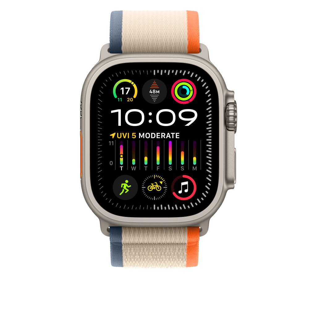 A smartwatch with a beige, blue, and orange striped band. The screen shows time 10:09 and activity data.
