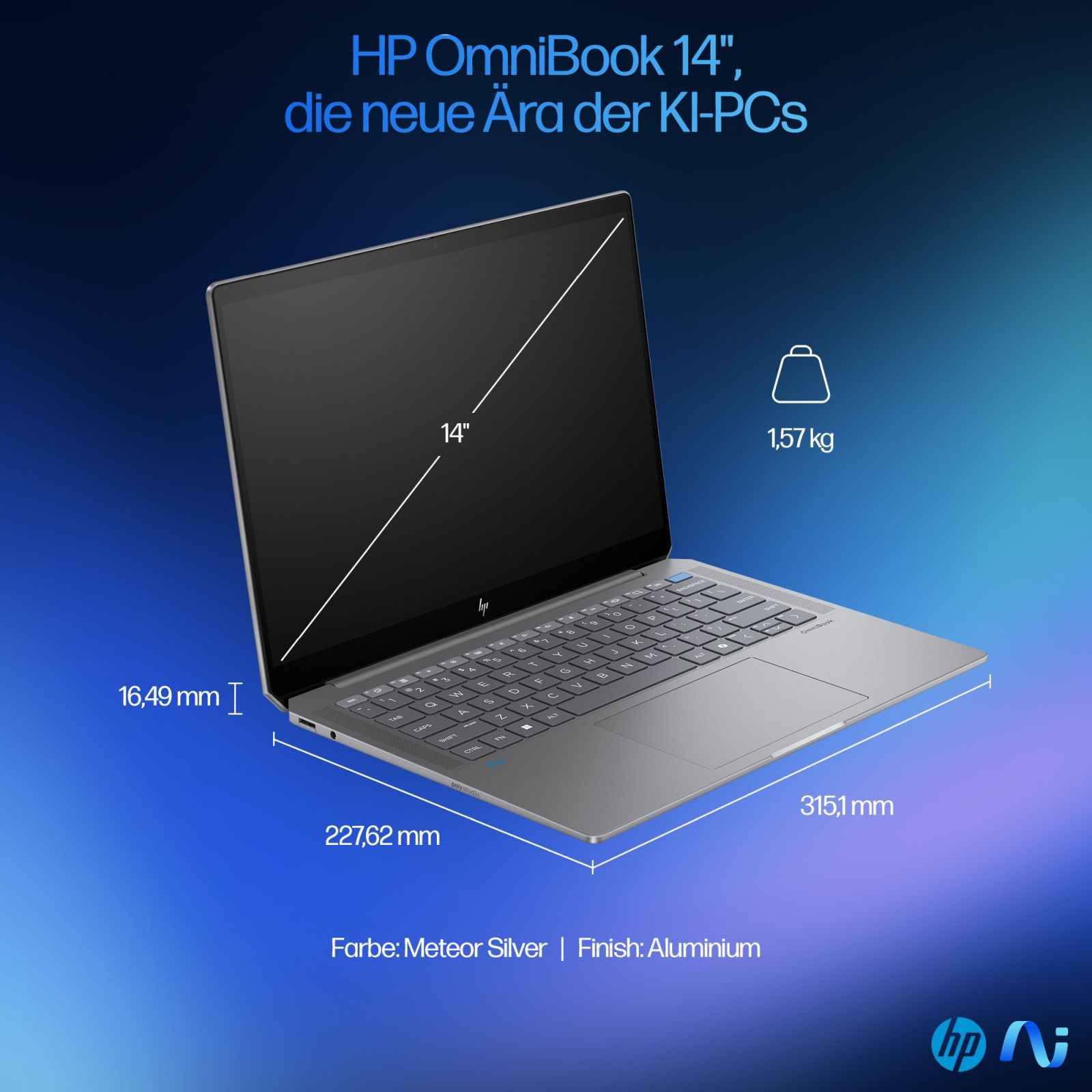HP OmniBook 14" in Argento Meteora. Schermo da 14", spessore 16,49 mm, peso 1,57 kg.
