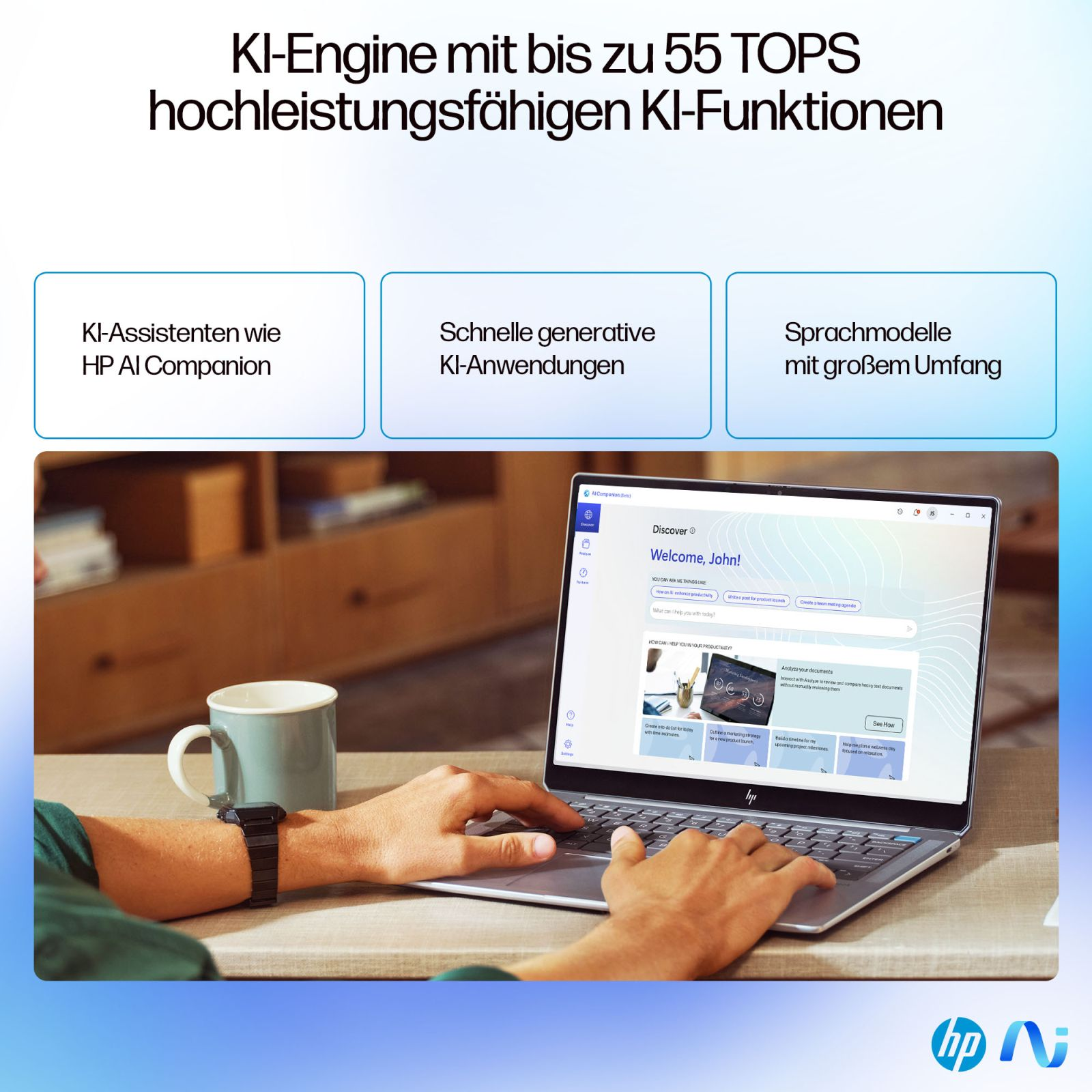 Un laptop mostra le funzionalità AI di HP con assistenti AI, app generative e modelli linguistici.