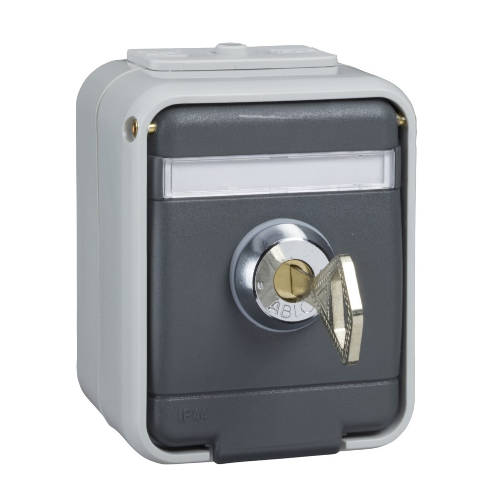 Contenitore grigio e bianco con grado di protezione IP44 con serratura a chiave e chiave argento inserita.