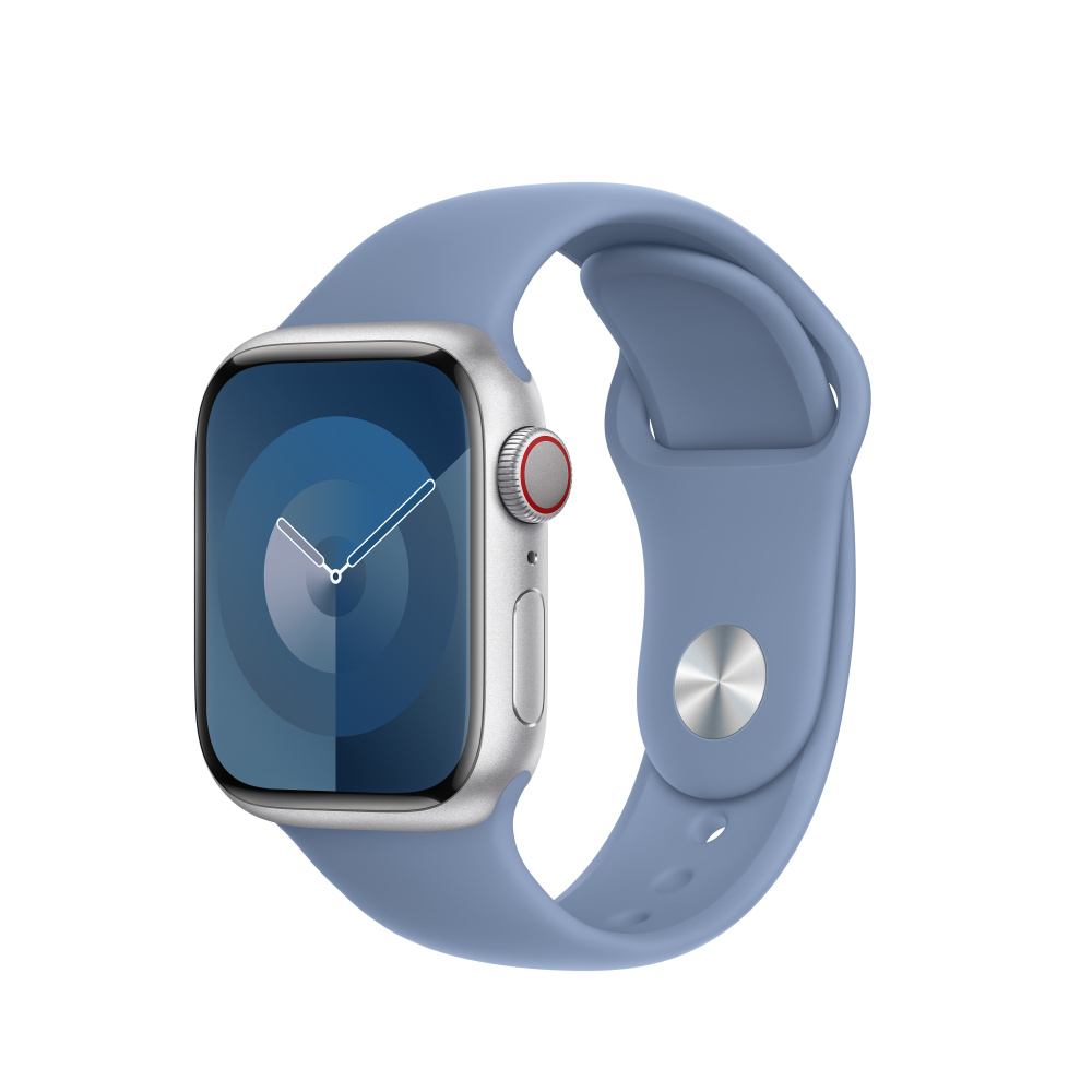 Zilverkleurig smartwatch met blauwe band en digitaal display.