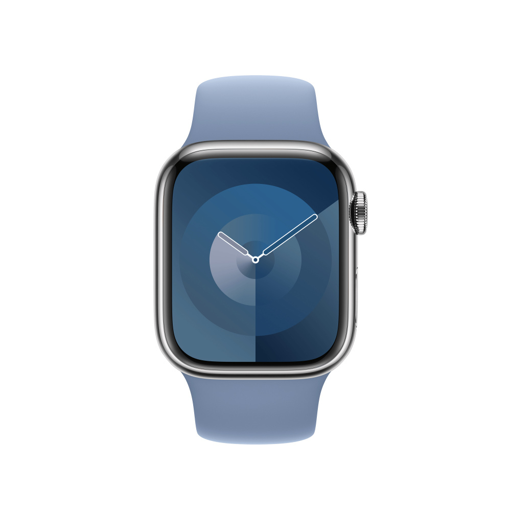 Een smartwatch met blauwe band en een wijzerplaat met concentrische cirkels.