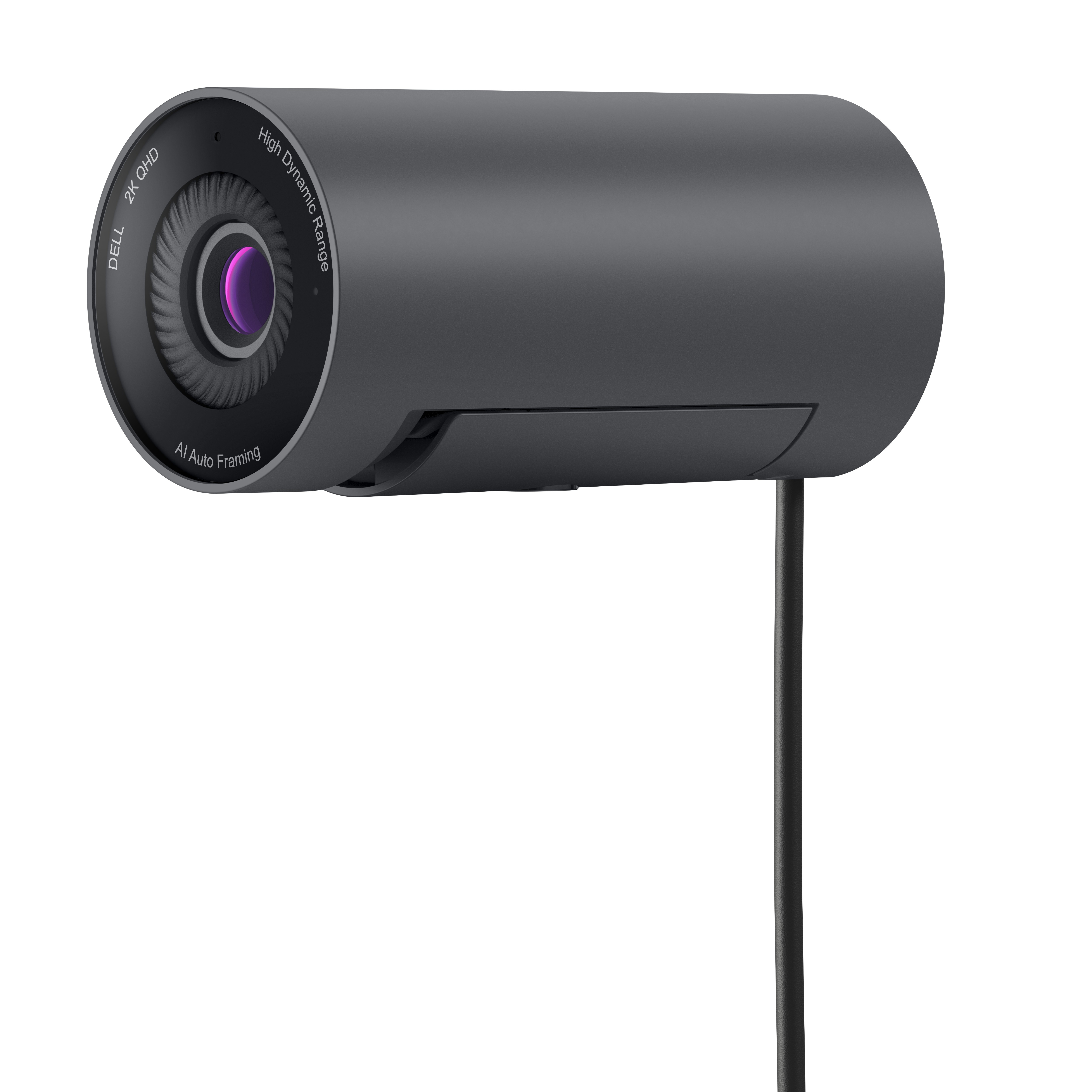 Una webcam Dell grigia con 2K QHD e AI Auto Framing su sfondo bianco.