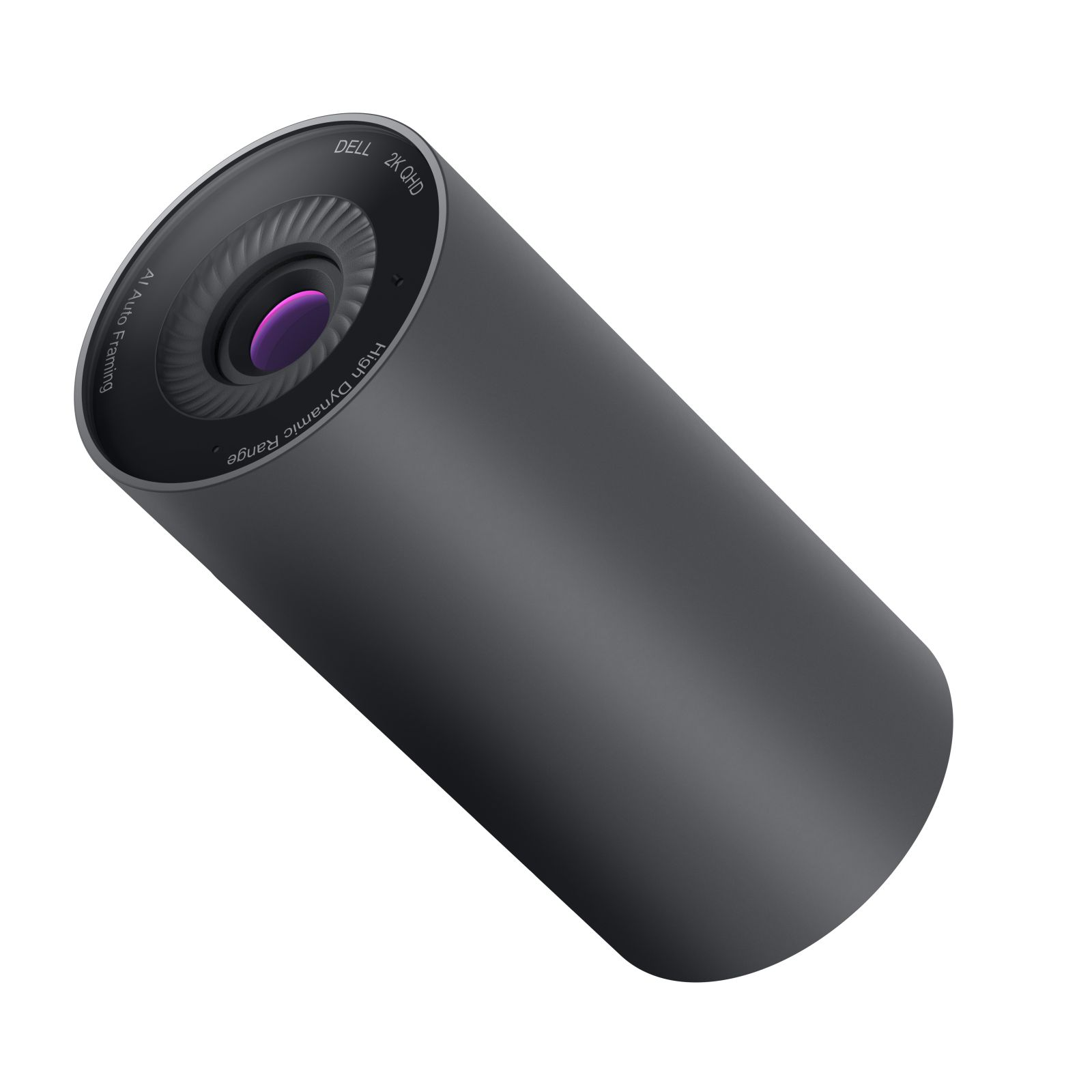 Una webcam Dell grigia con 2K QHD, AI Auto Framing e High Dynamic Range.