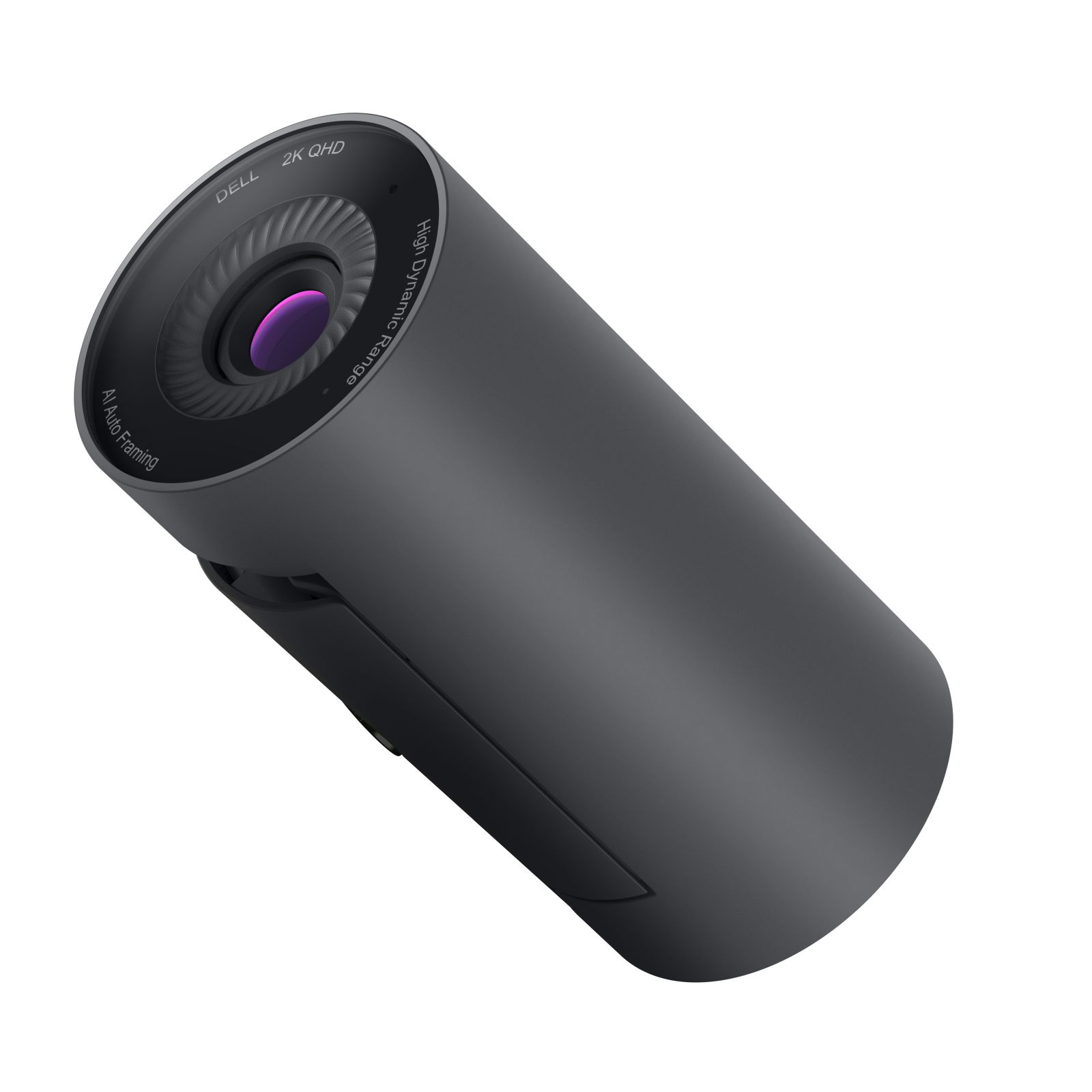 Una webcam Dell grigia 2K QHD e HDR è mostrata su sfondo bianco.