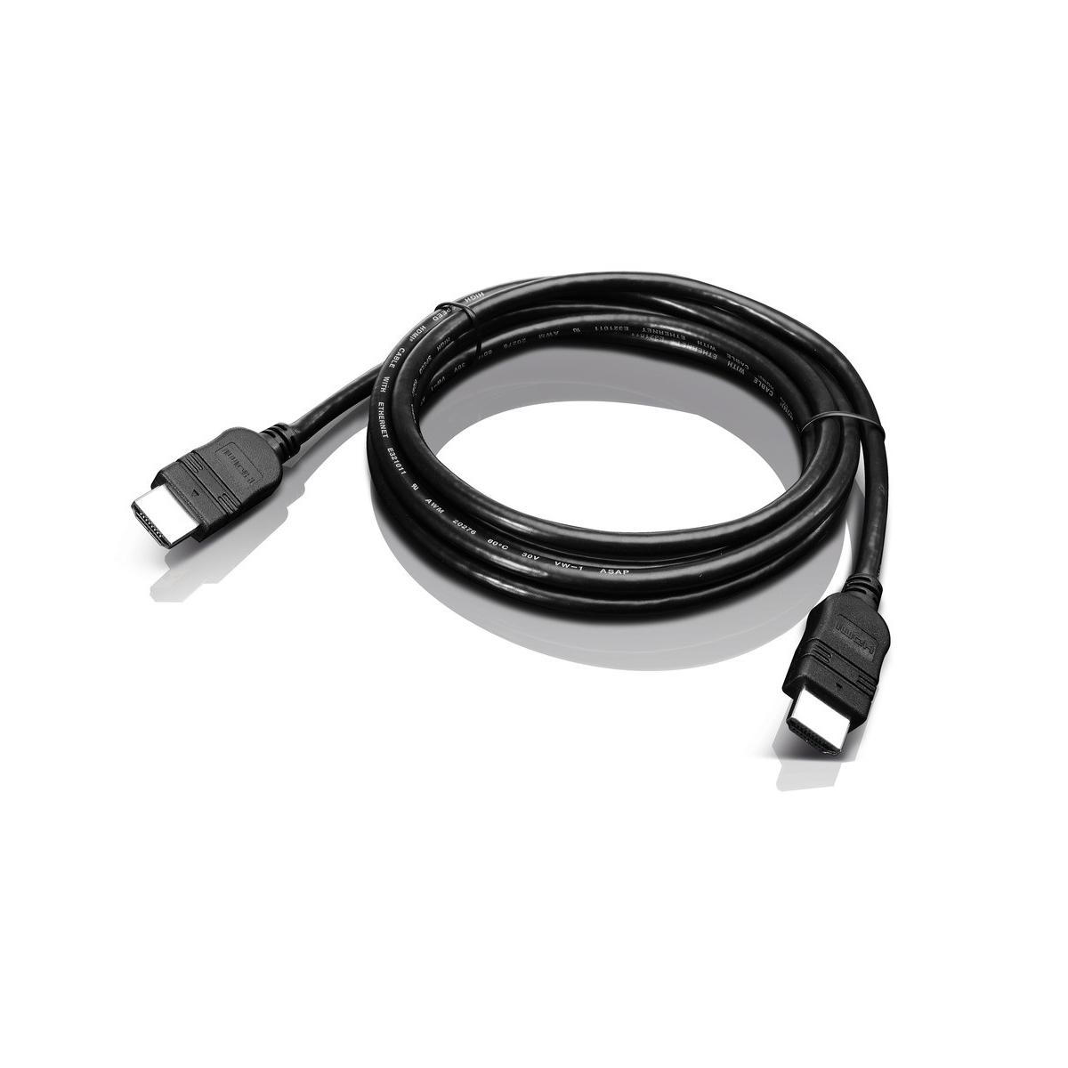 Un cavo HDMI nero con Ethernet, su sfondo bianco.