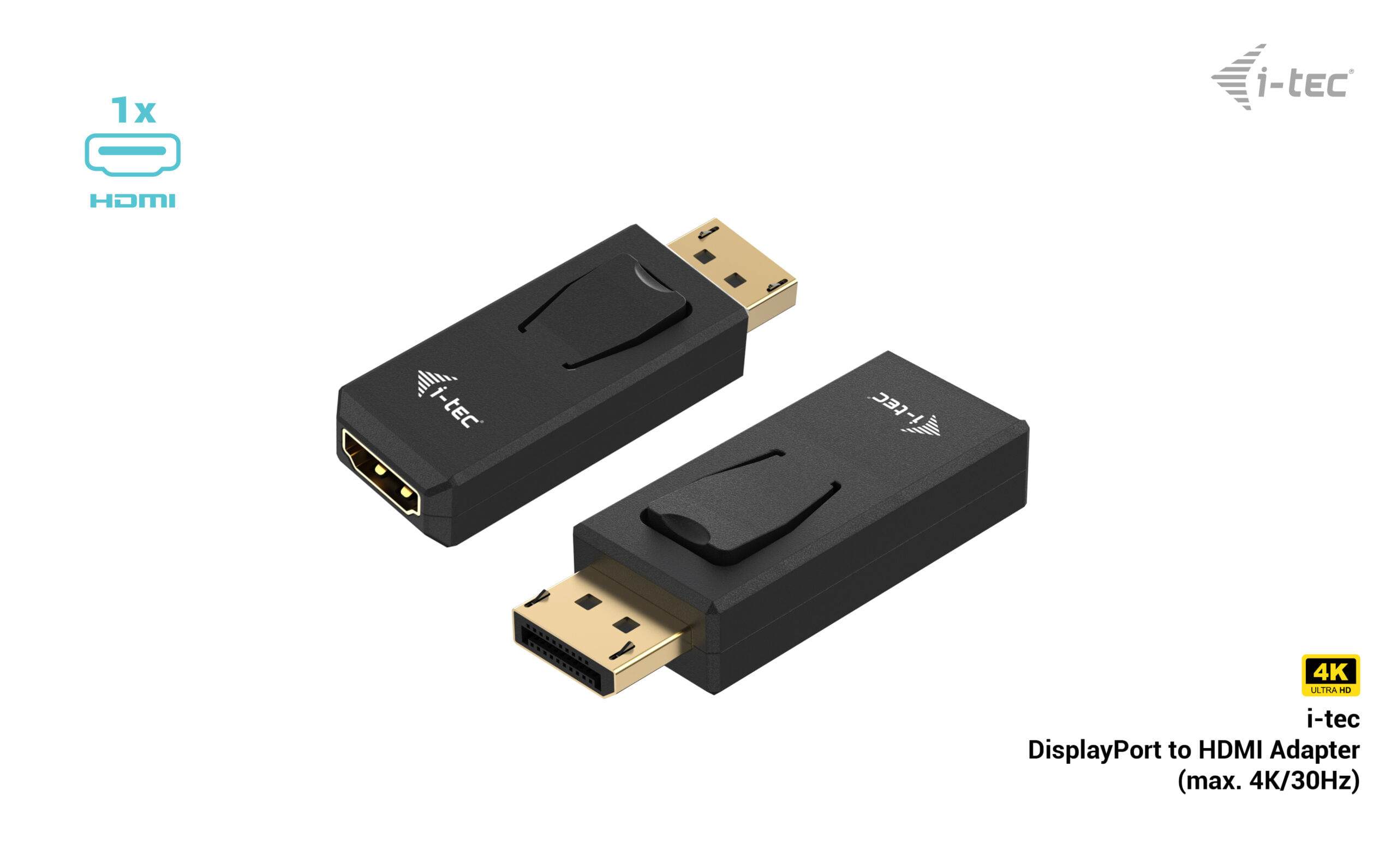 Due adattatori i-tec DisplayPort a HDMI neri. Uno mostra porta HDMI, uno spina DisplayPort.
