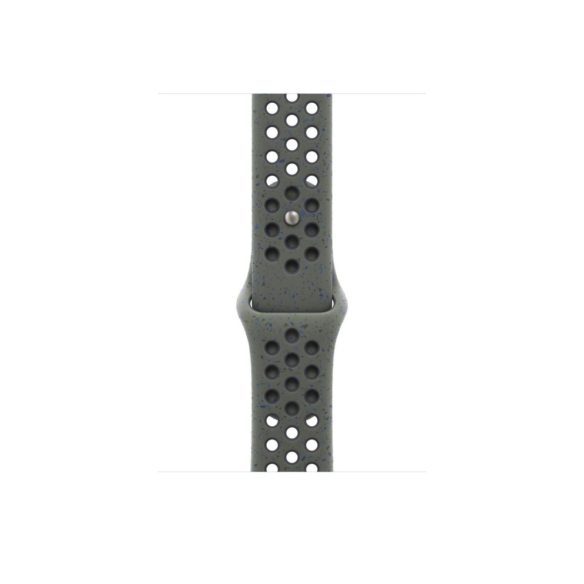 A gray watch band with perforated holes and blue speckles.