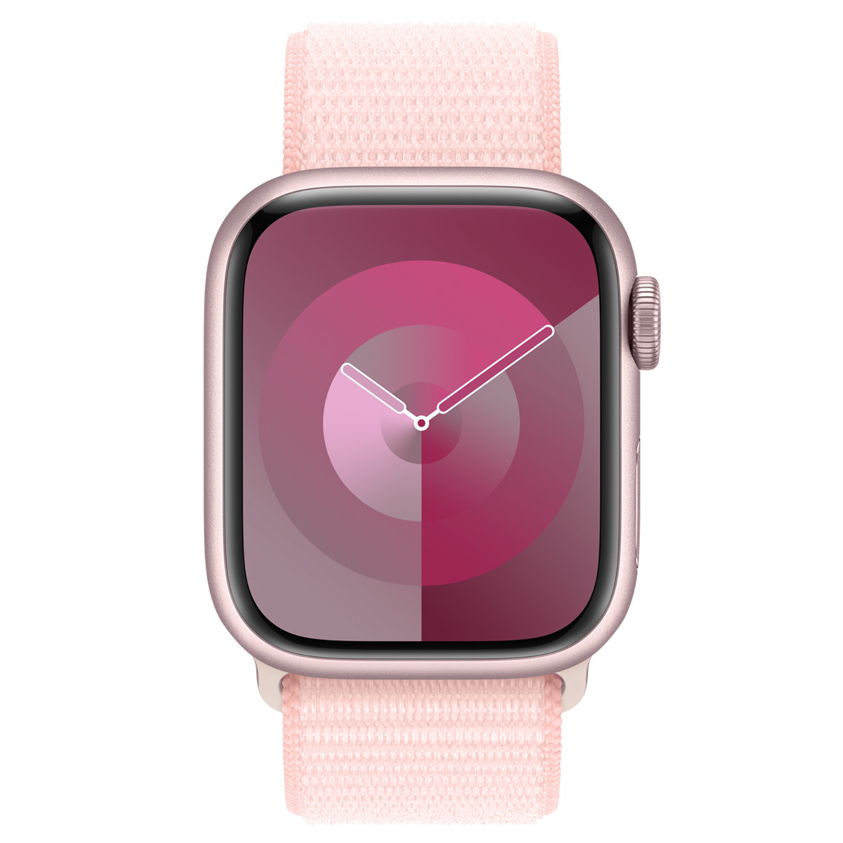Eine pinke Apple Watch mit einem Farbverlauf-Zifferblatt und einem gewebten Armband.