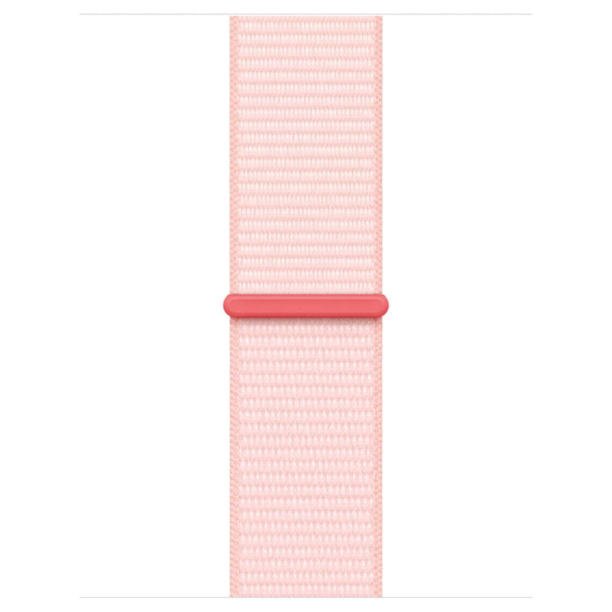 Ein hellrosa gewebtes Armband mit einem Korallenverschluss auf weißem Hintergrund.