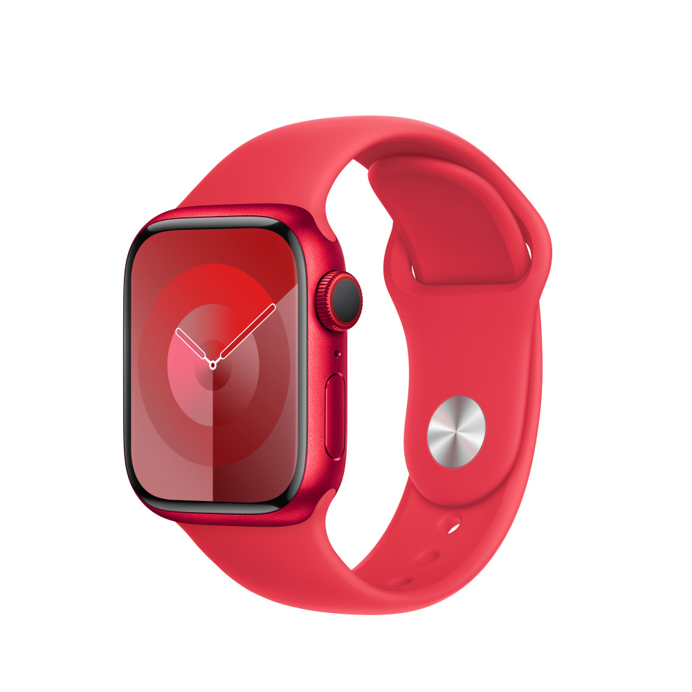 Een rode smartwatch met rode band en digitaal klokgezicht op witte achtergrond.