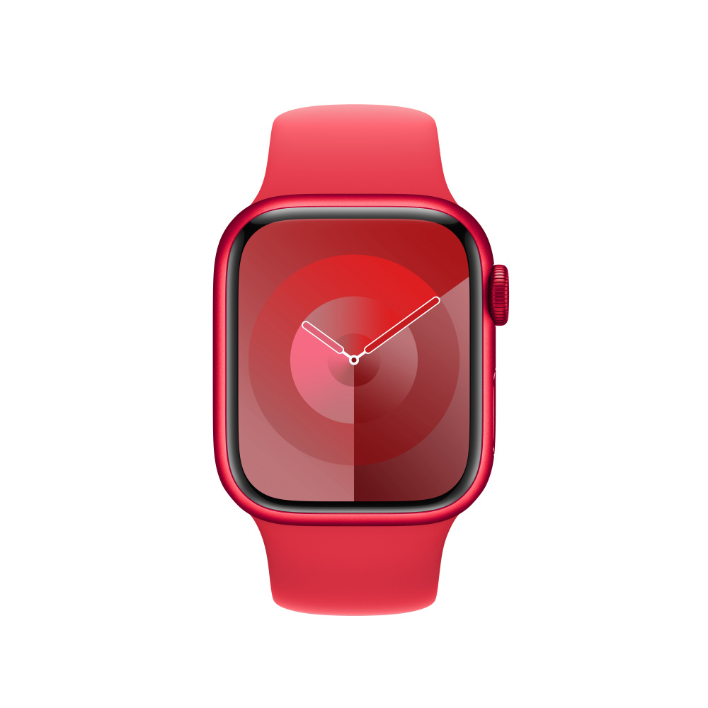 Een rode smartwatch met een rood wijzerplaat en witte wijzers.