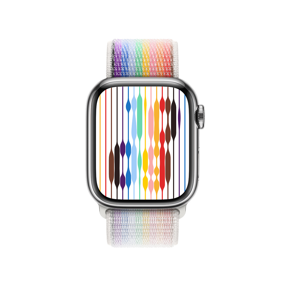 An Apple Watch with a rainbow-colored band and a colorful line-patterned watch face.